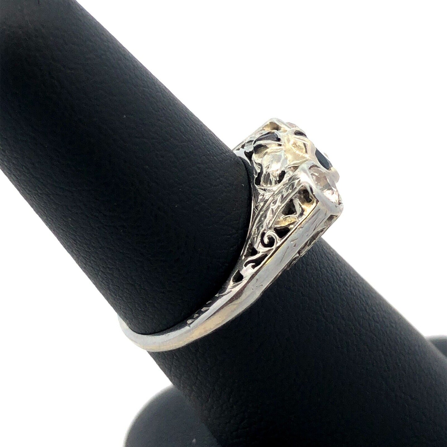 Vintage Platinum Oval Sapphire Round Diamond Trio Filigree Engagement Ring
