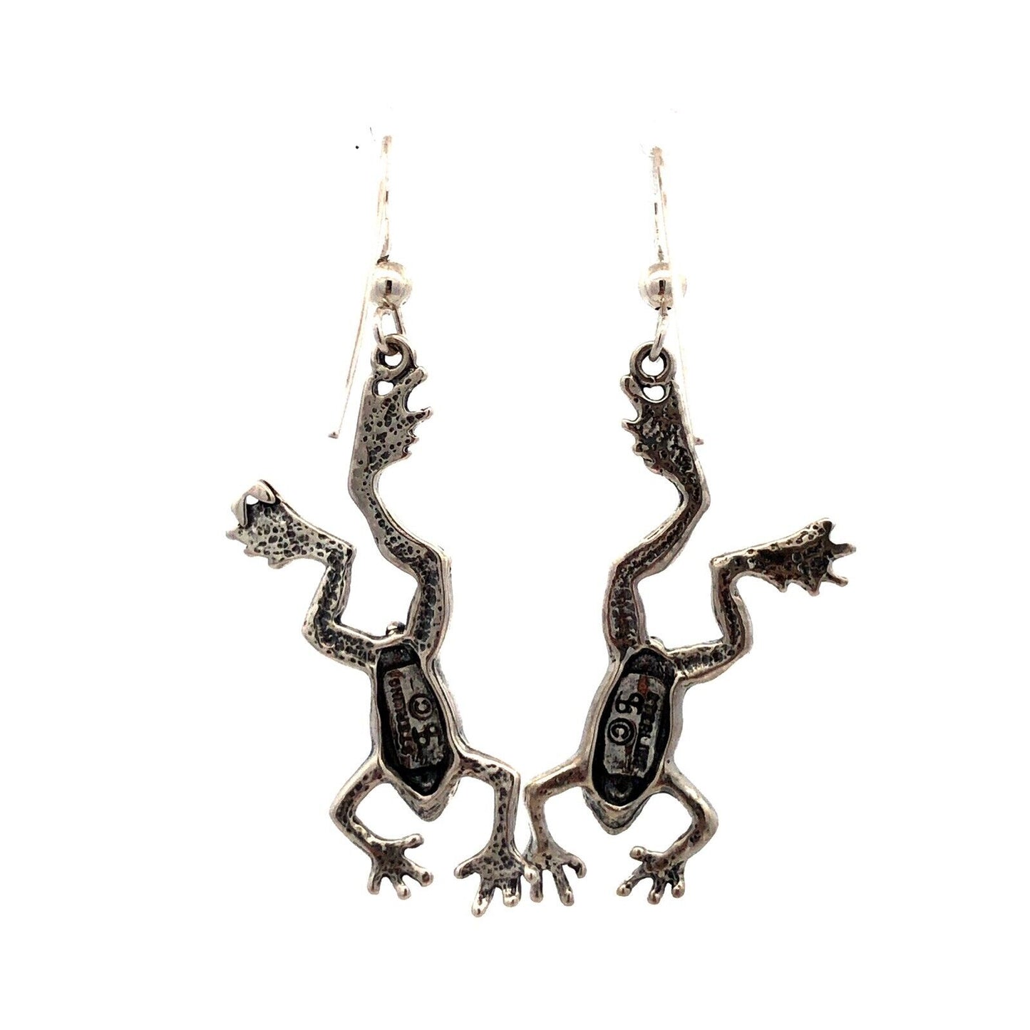 Vintage Designer Sterling Silver Frog Toad Textured Drop Dangle Hook Earrings