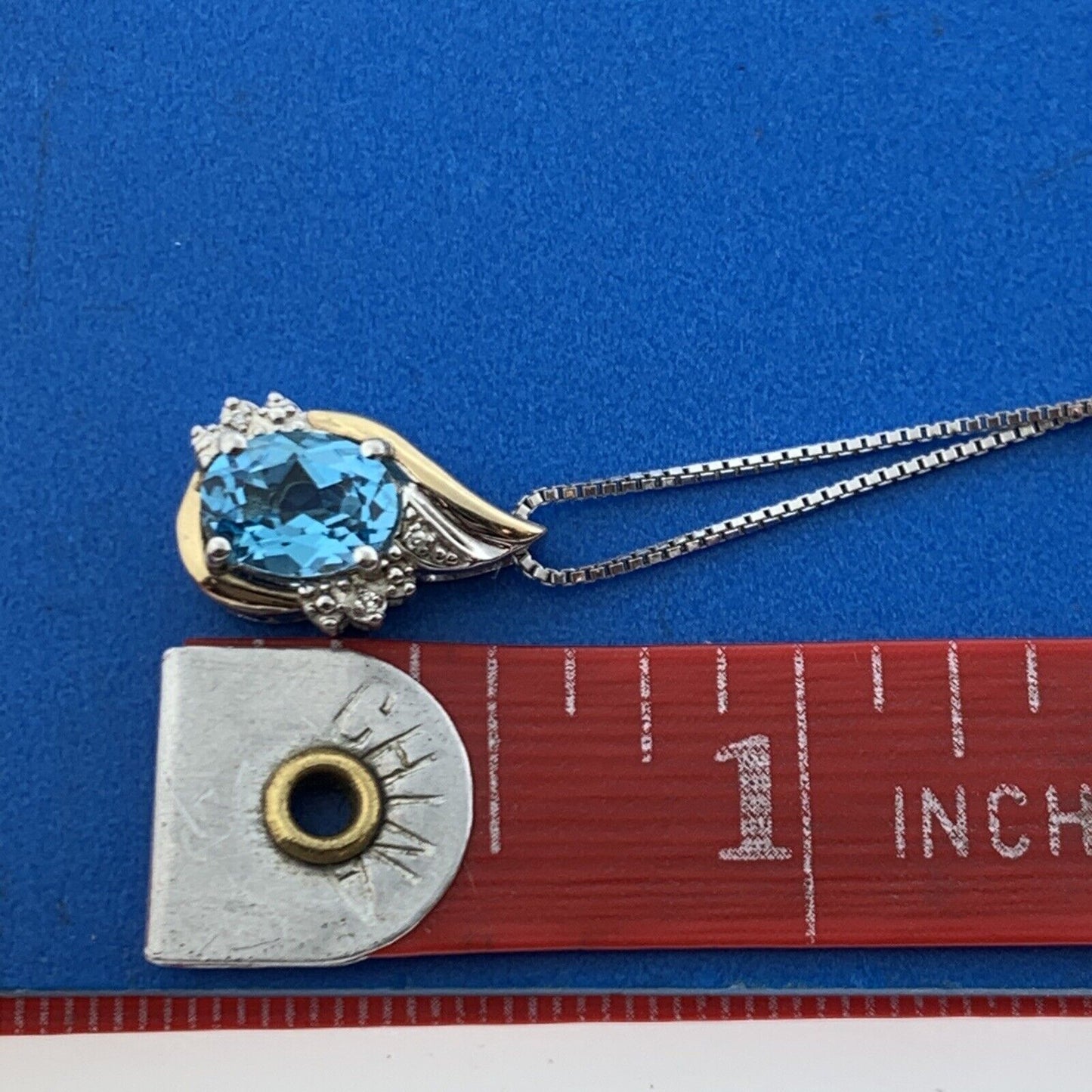 Designer Sterling Silver 10K Yellow Gold Blue Topaz Solitaire Diamond Necklace