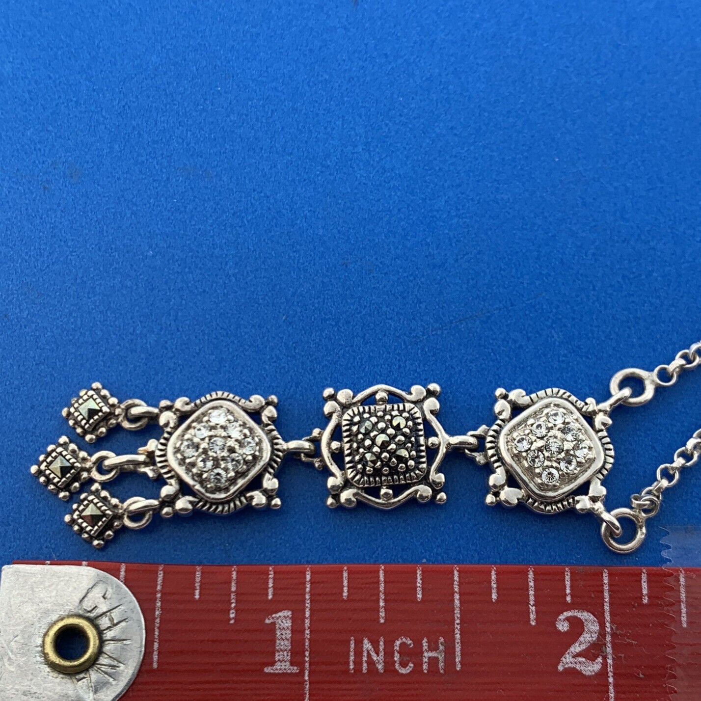 Stunning Sterling Silver 925 Round Sparkling CZ & Marcasite 17" Chain Necklace