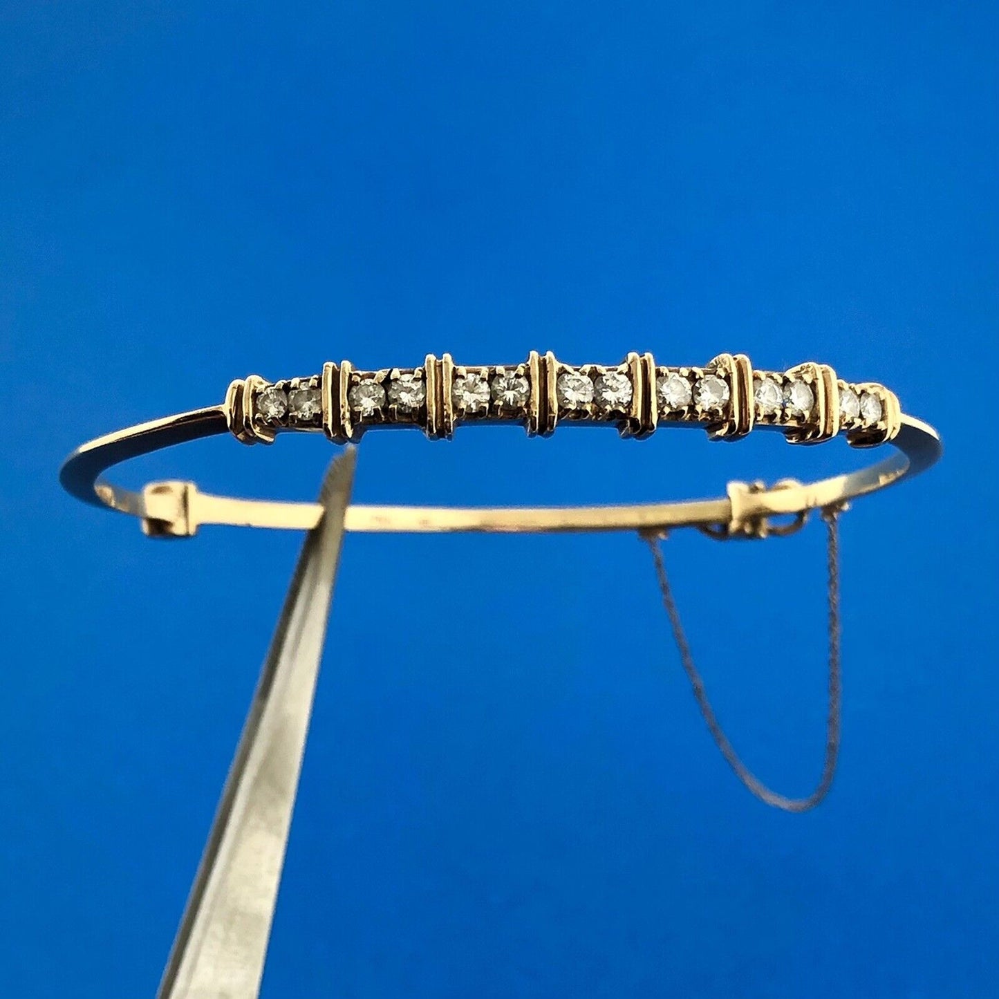 Vintage 14k Yellow Gold Round Cut Diamond Hinged Cuff w/Safety Chain Bracelet