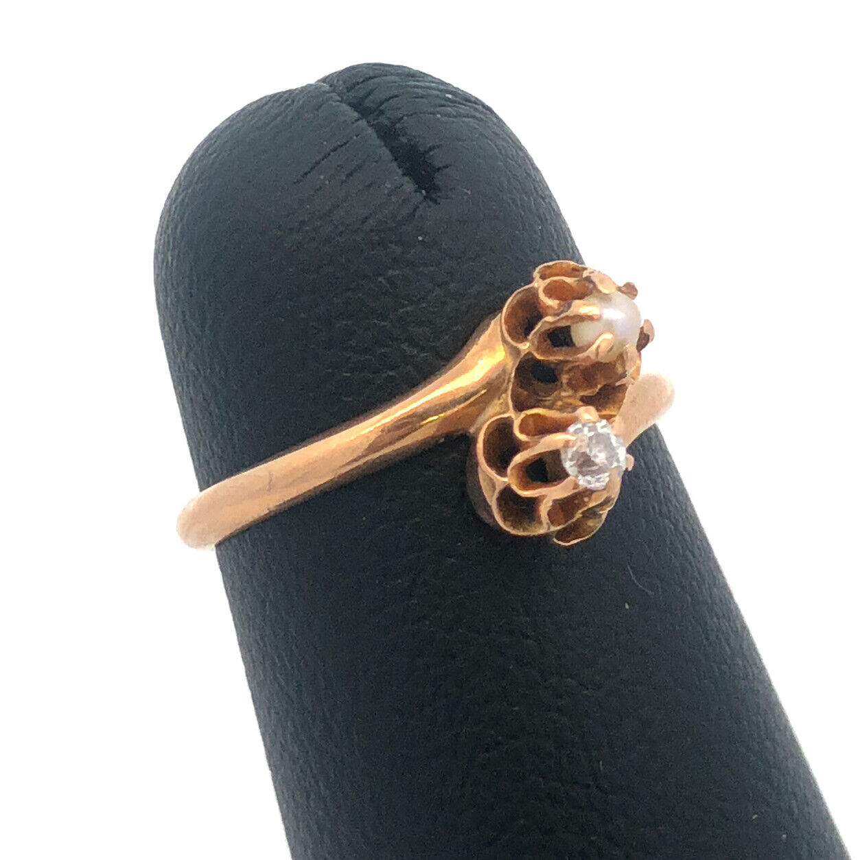 Vintage 10K Yellow Gold Diamond Pearl Bypass Sweetheart Promise Ring Size 3.4