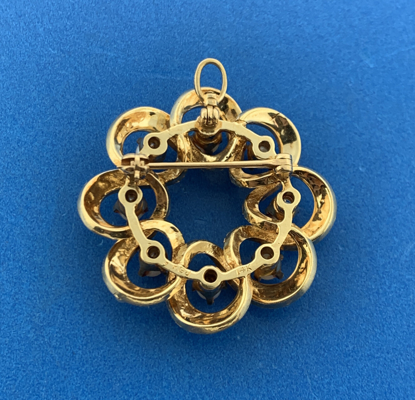Designer 14K Yellow Gold Seed Pearl Floral Wreath Diverse Pendant Or Brooch