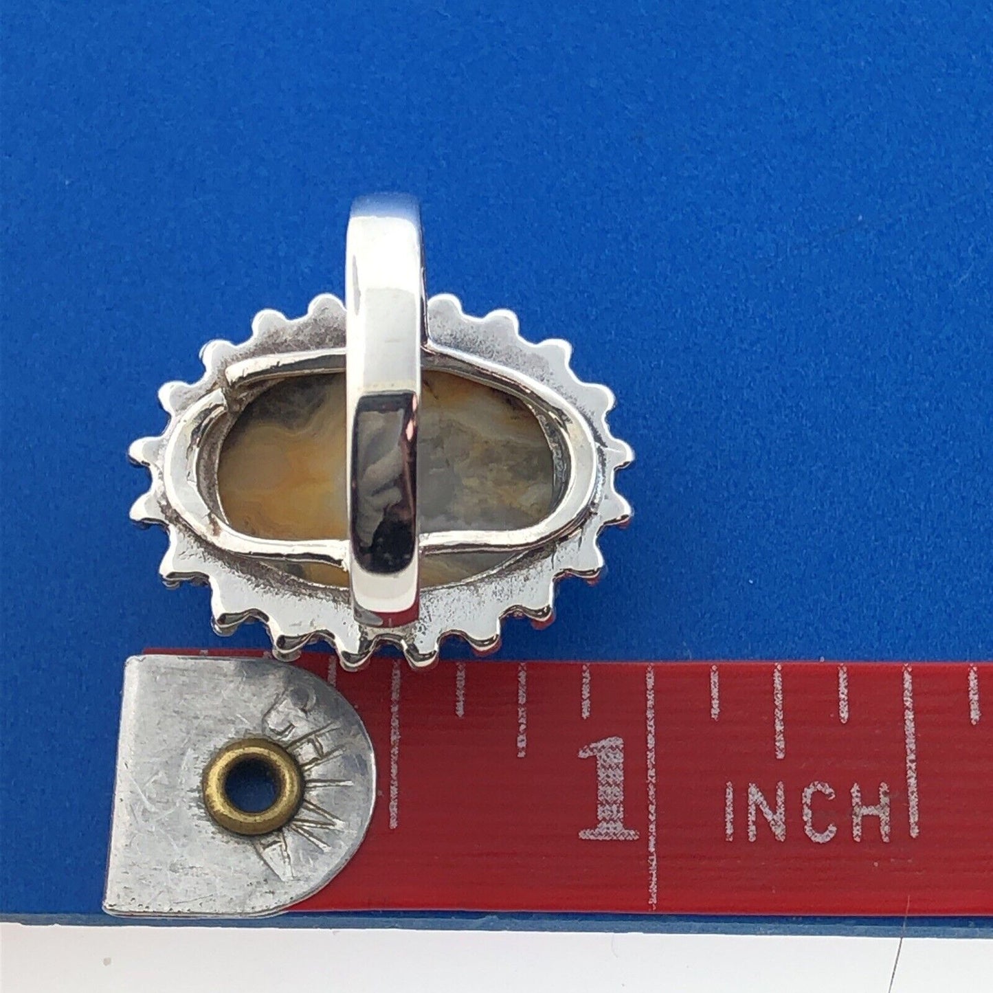 Stunning Sterling Silver 925 Grey Orange Cabochon Agate Statement Ring Size 8.5