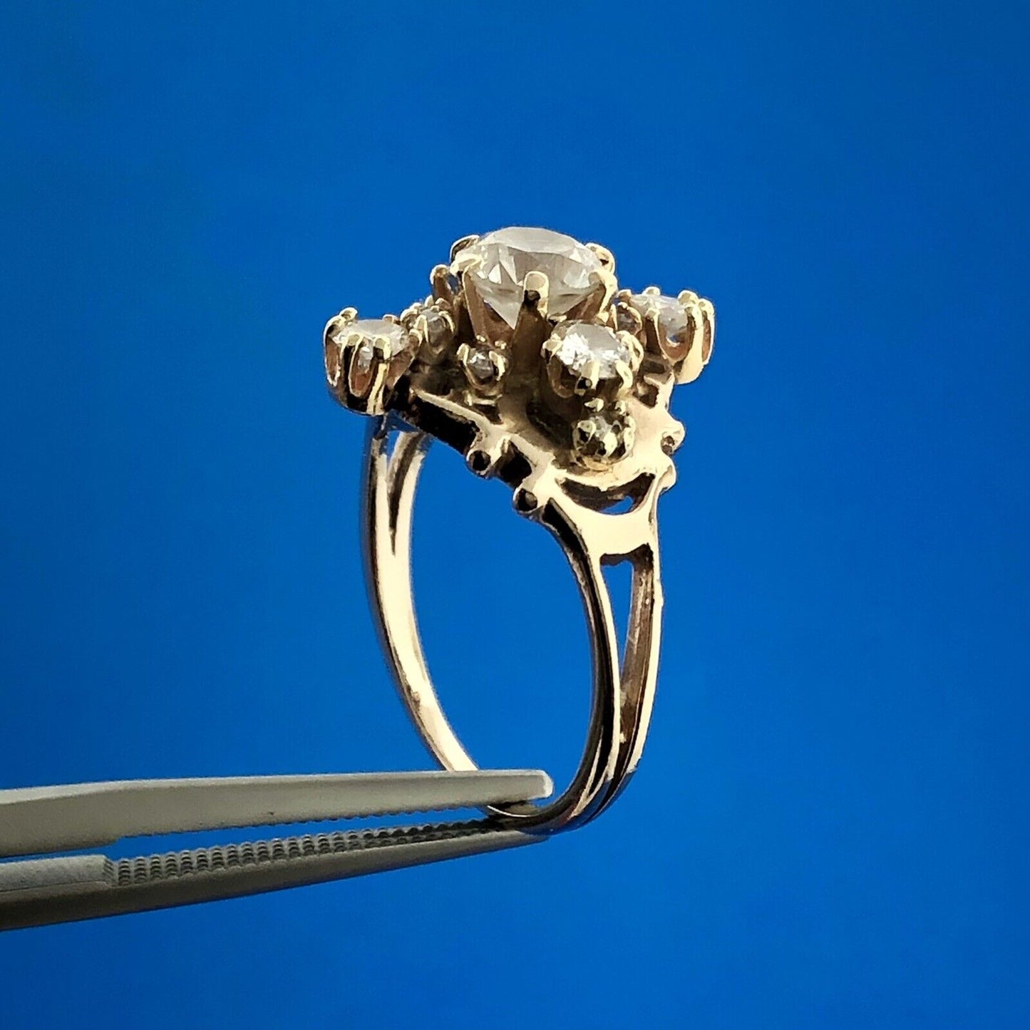 Vintage 14K Yellow Gold Diamond Solitaire Accented Etruscan Style Ring