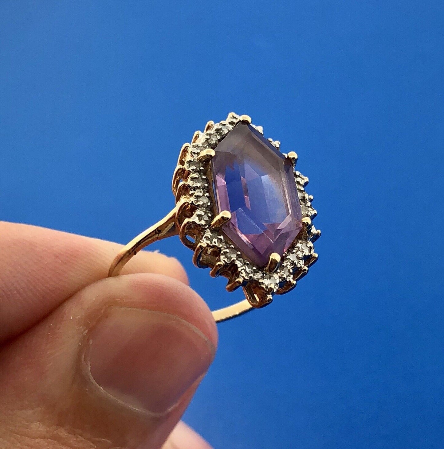 Estate 14K Yellow Gold Amethyst Diamond Halo February Anniversary Occasion Ring