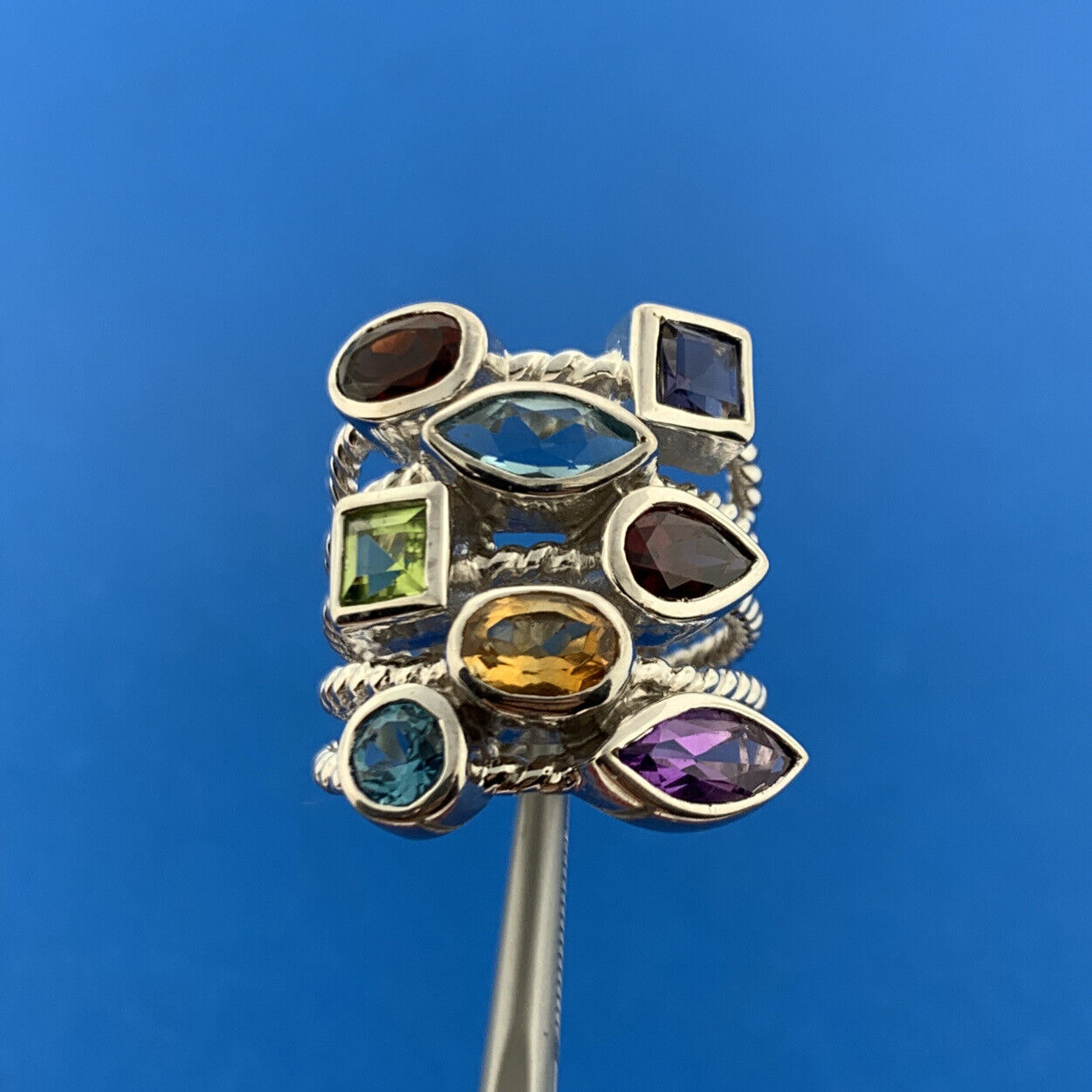 ATI 925 Sterling Silver Mixed Gemstone Five Rope Band Statement Cocktail Ring