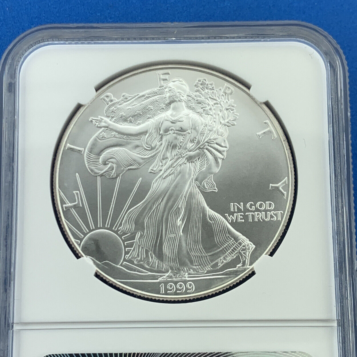 1999 $1 American .999 Silver Eagle Reverse Struck Thru Mint Error NGC MS69 Coin