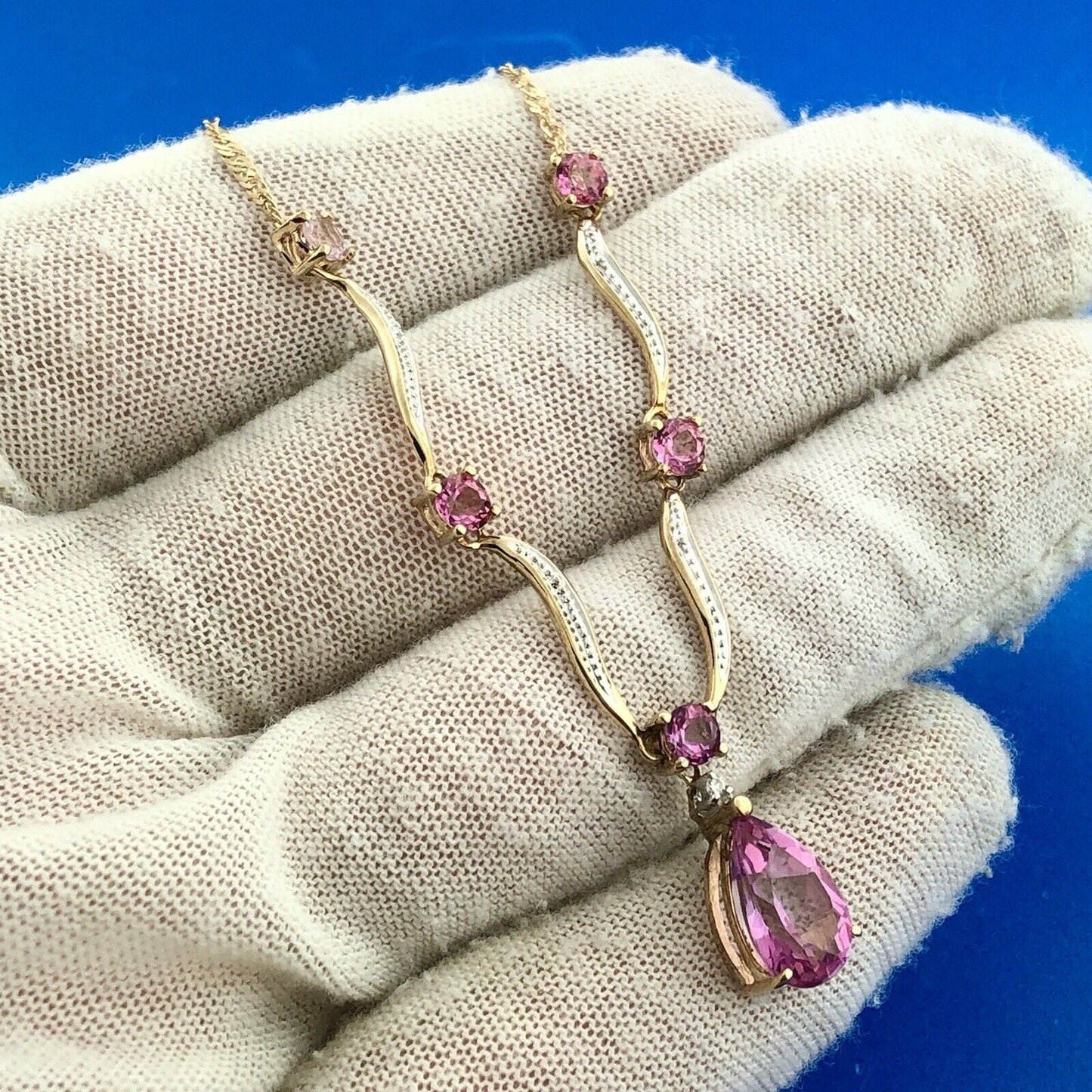 Designer AJ 14K Yellow White Gold Pink Sapphire Solitaire Diamond Necklace