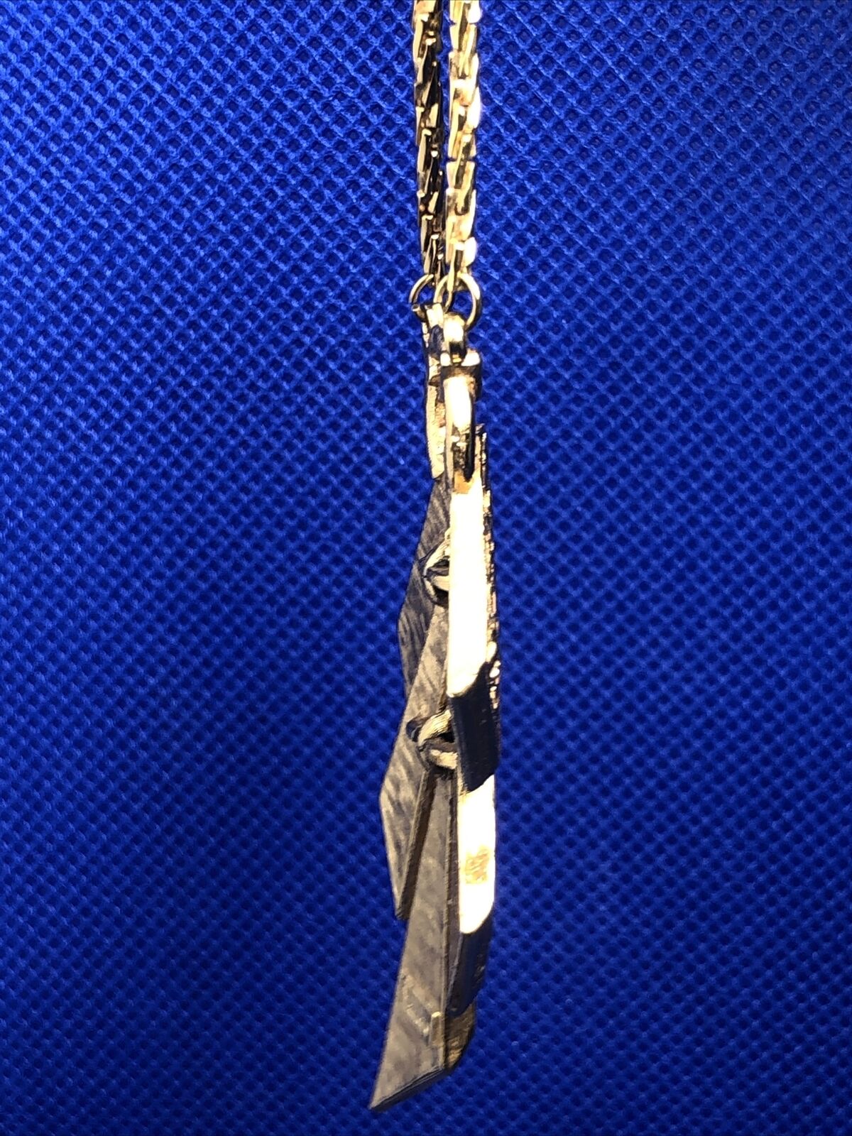 Designer Trifari Gold Tone Textured Y-Drop Modernist Textured Statement Necklace