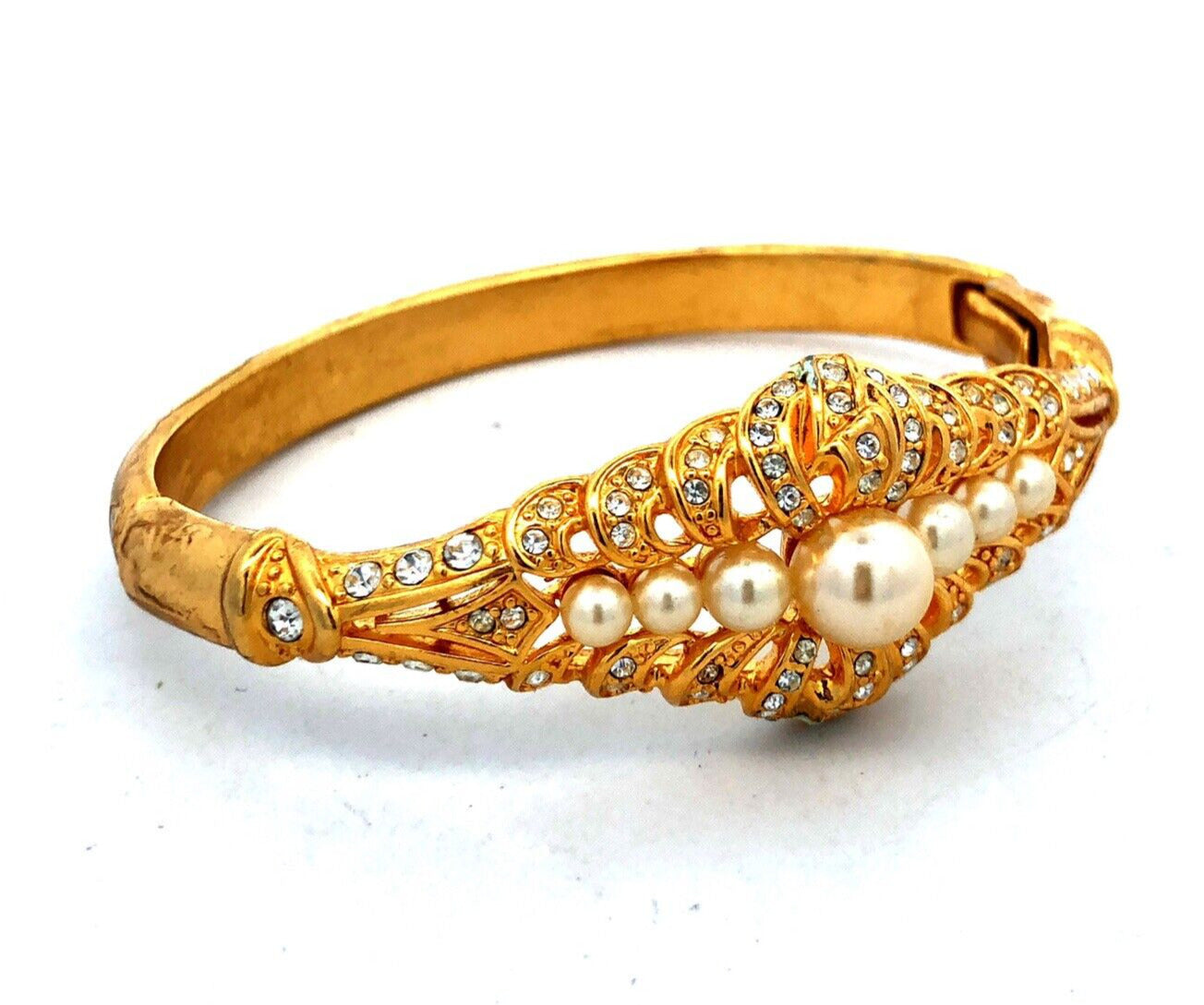 Vintage Barbara Mandrell Gold Tone Faux Pearl Rhinestone Hinged Cuff Bracelet
