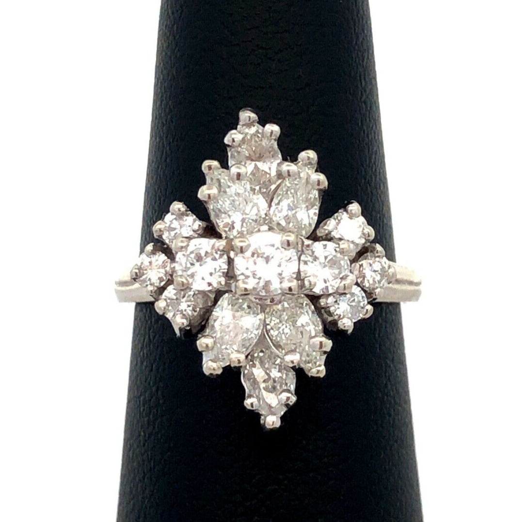 Designer 14K White Gold Round Pear Diamond Oval Cluster Engagement Ring