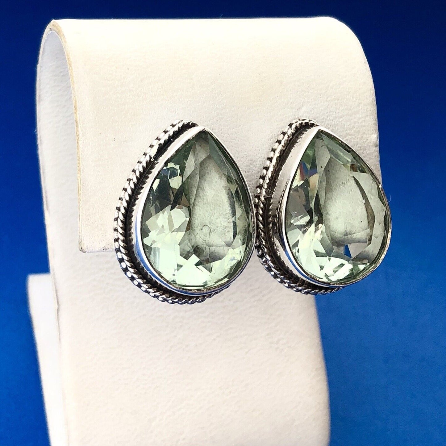 Retro 925 Sterling Silver Pear Pale Green Cubic Zirconia Statement Earrings