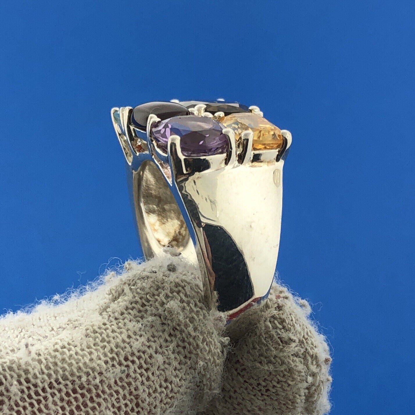 Designer China Sterling Silver Multi Stone Cigar Band Statement Cocktail Ring