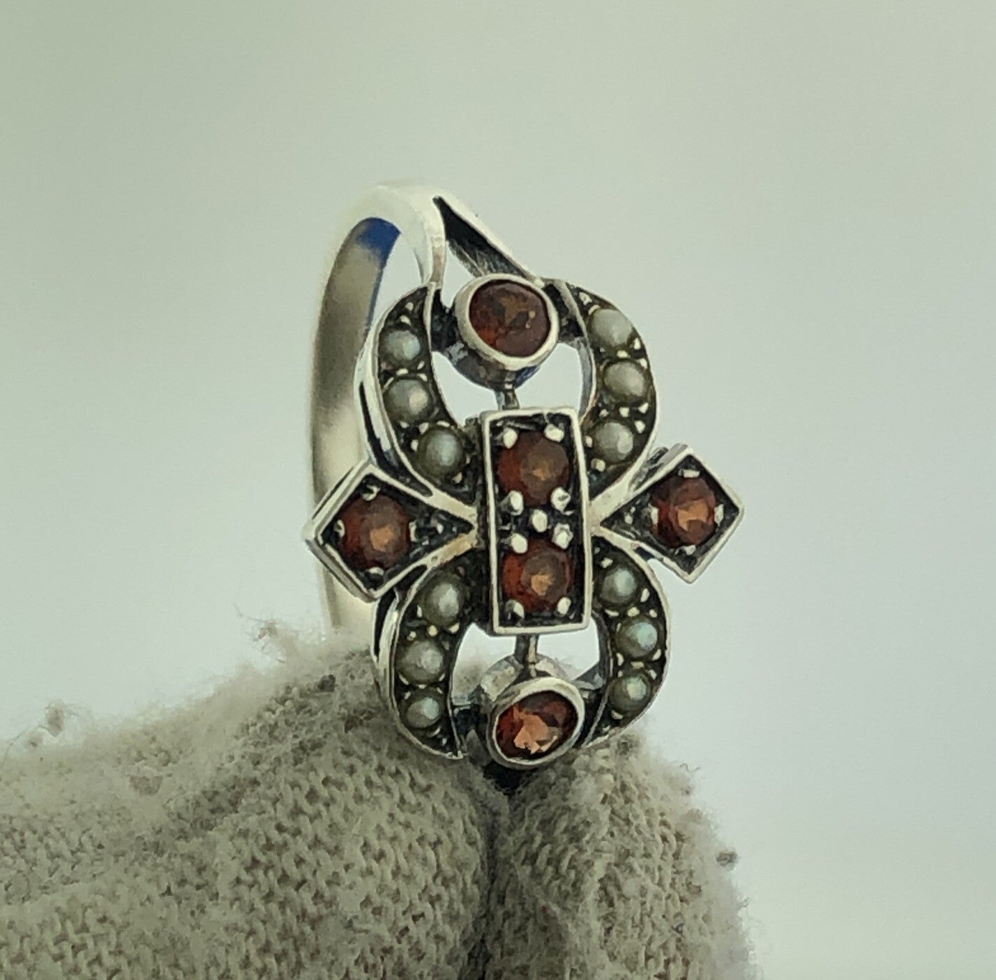 Vintage Sterling Silver 925 Orange Crystal Seed Pearl Fleur De Lis Ring