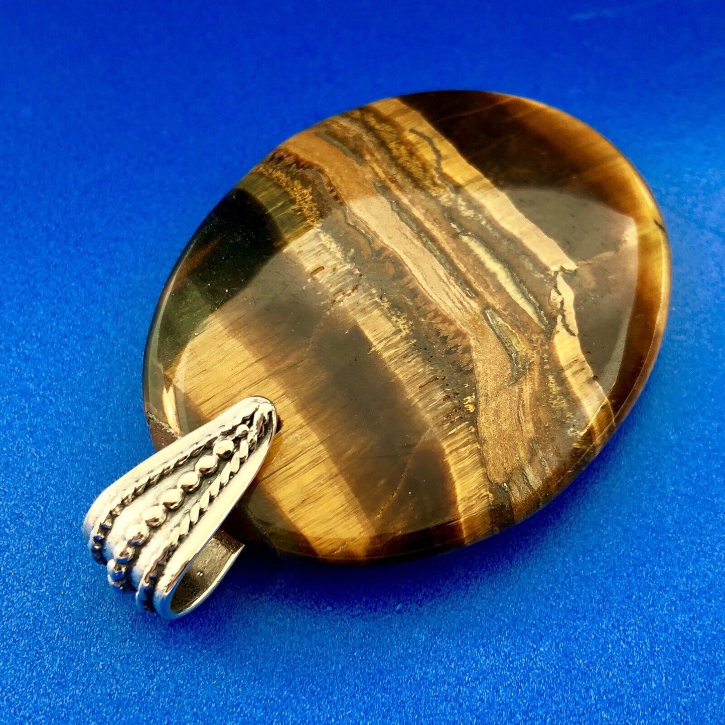Retro 925 Sterling Silver Tiger Eye Worry Stone Chakra Statement Pendant