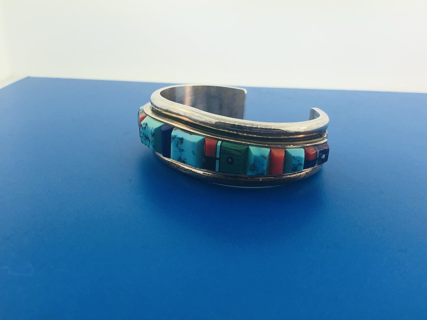 Native American 925 Sterling Silver Turquoise Multi Gem Cuff Bracelet Ronnie