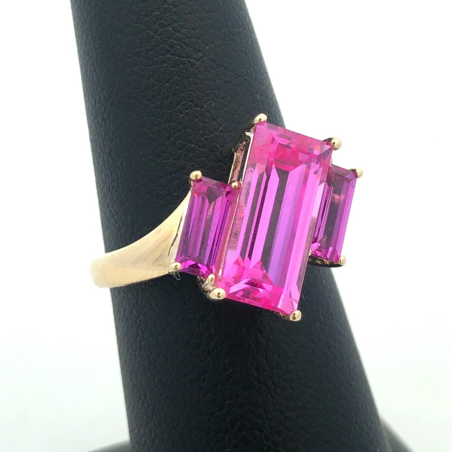 Designer 10K Yellow Gold Rectangle Pink Topaz Trio Modernist Statement Ring