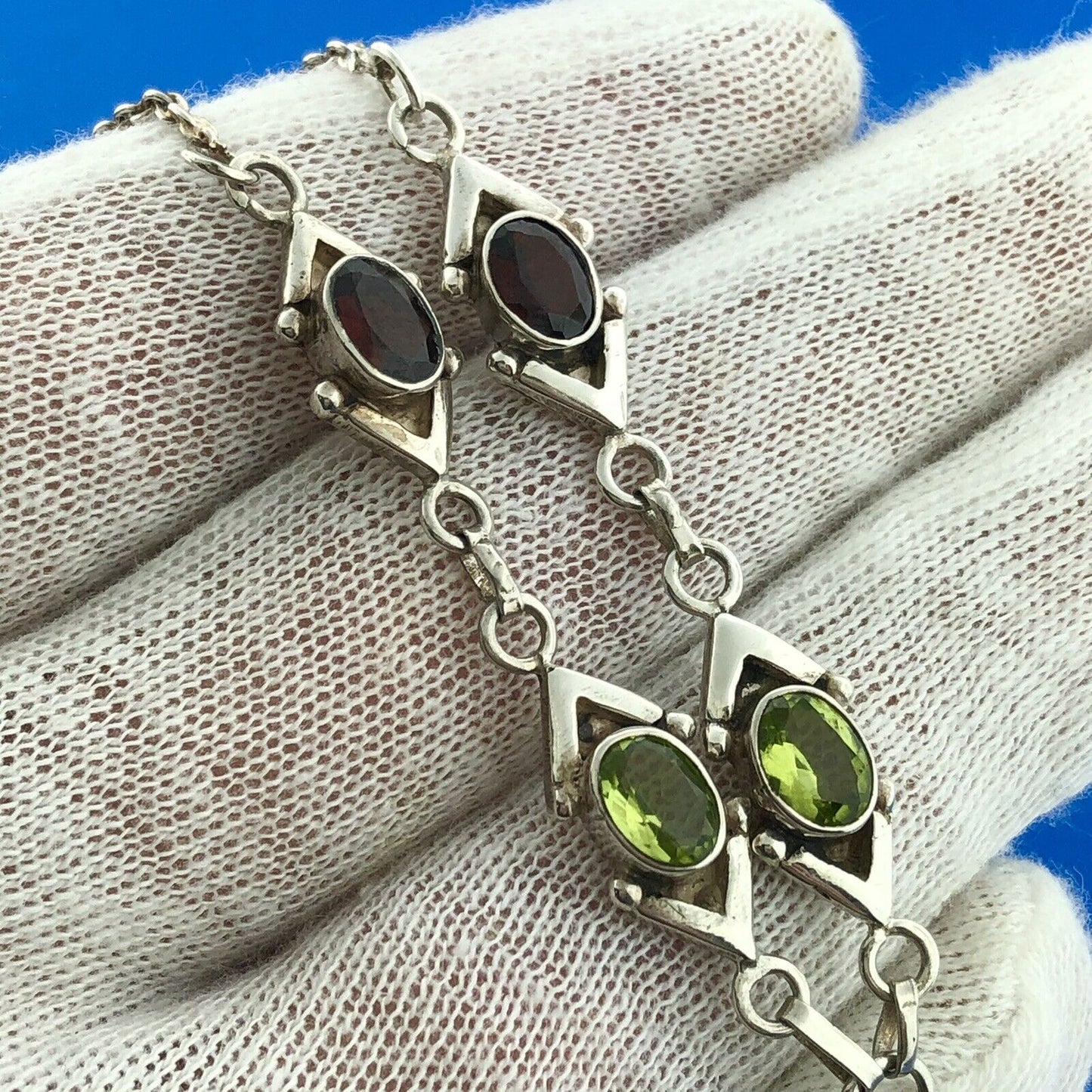 Stunning Sterling Silver 925 Peridot Garnet Amethyst 17" Toggle Necklace