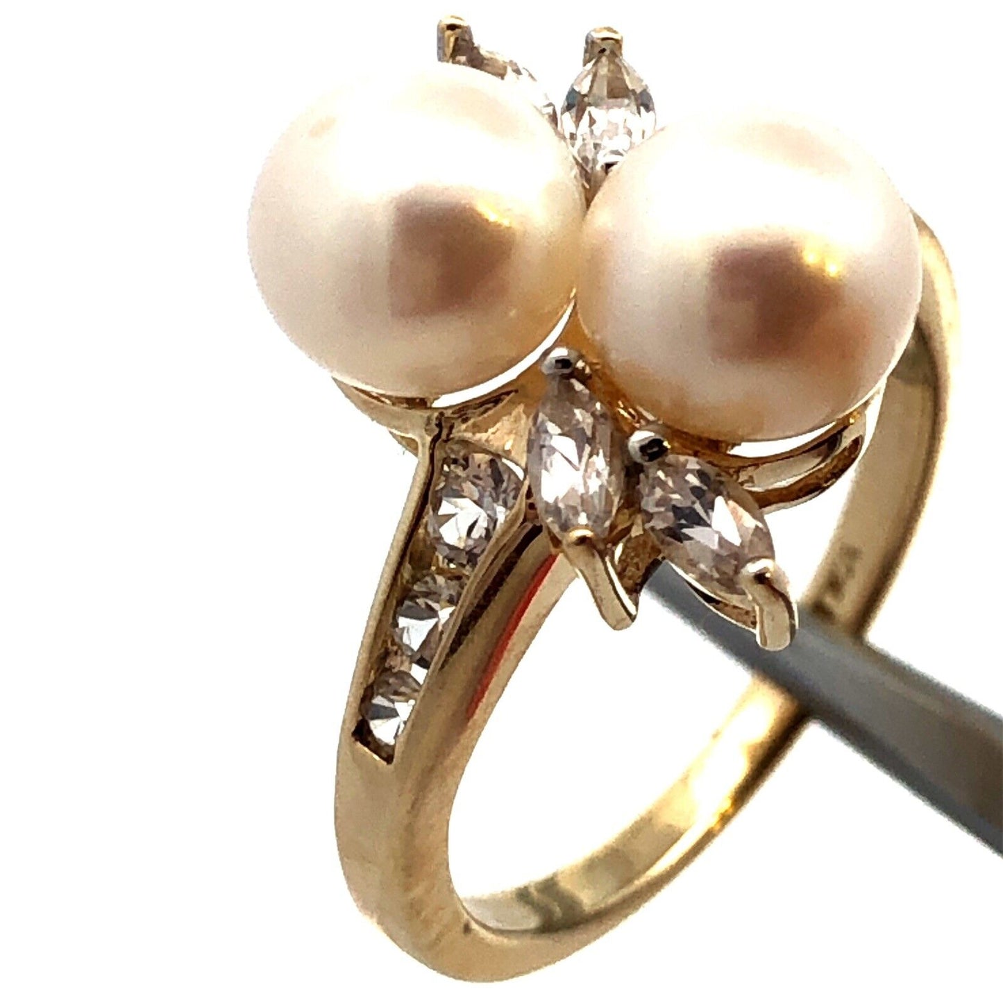 Designer AV 10K Yellow Gold Round White Pearl Duo Marquise Topaz Accent Ring