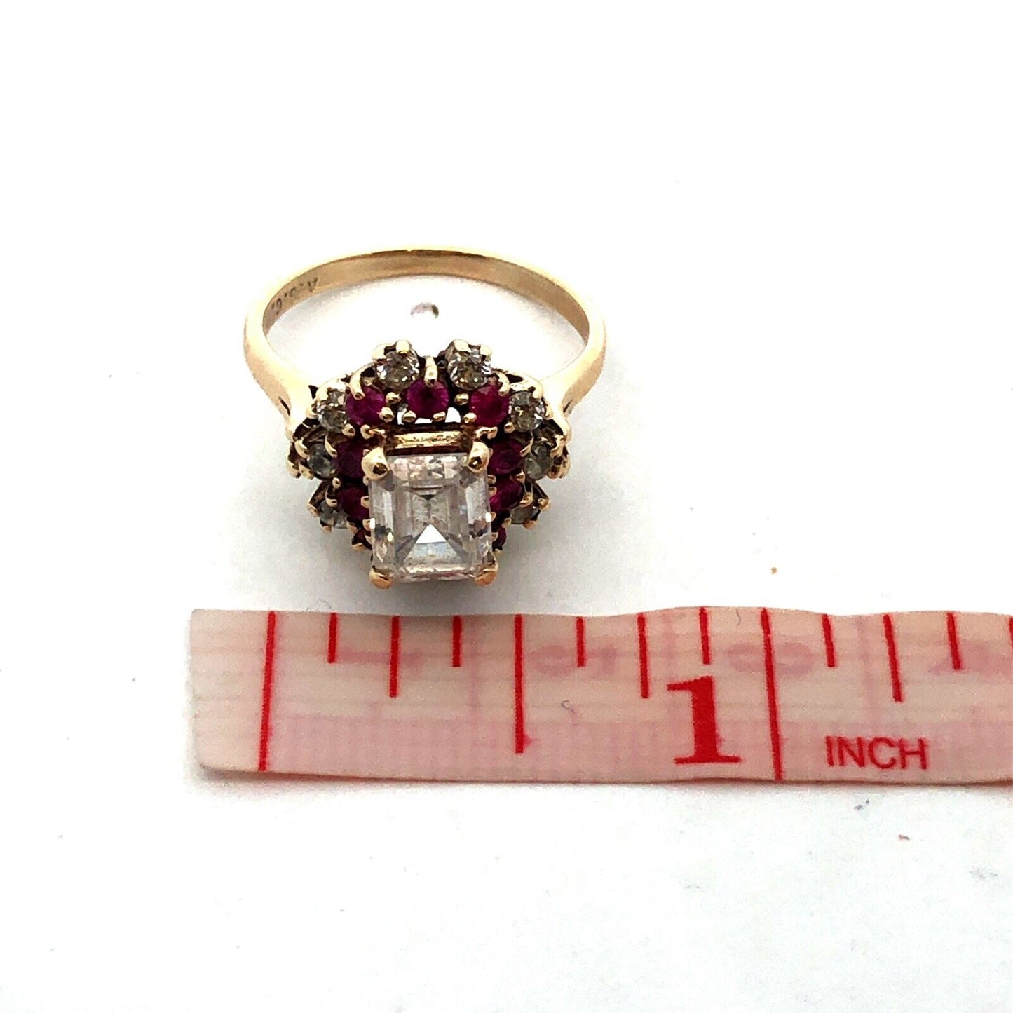 10K Yellow Gold ASC Emerald Cut White Tourmaline Ruby Halo Engagement Ring