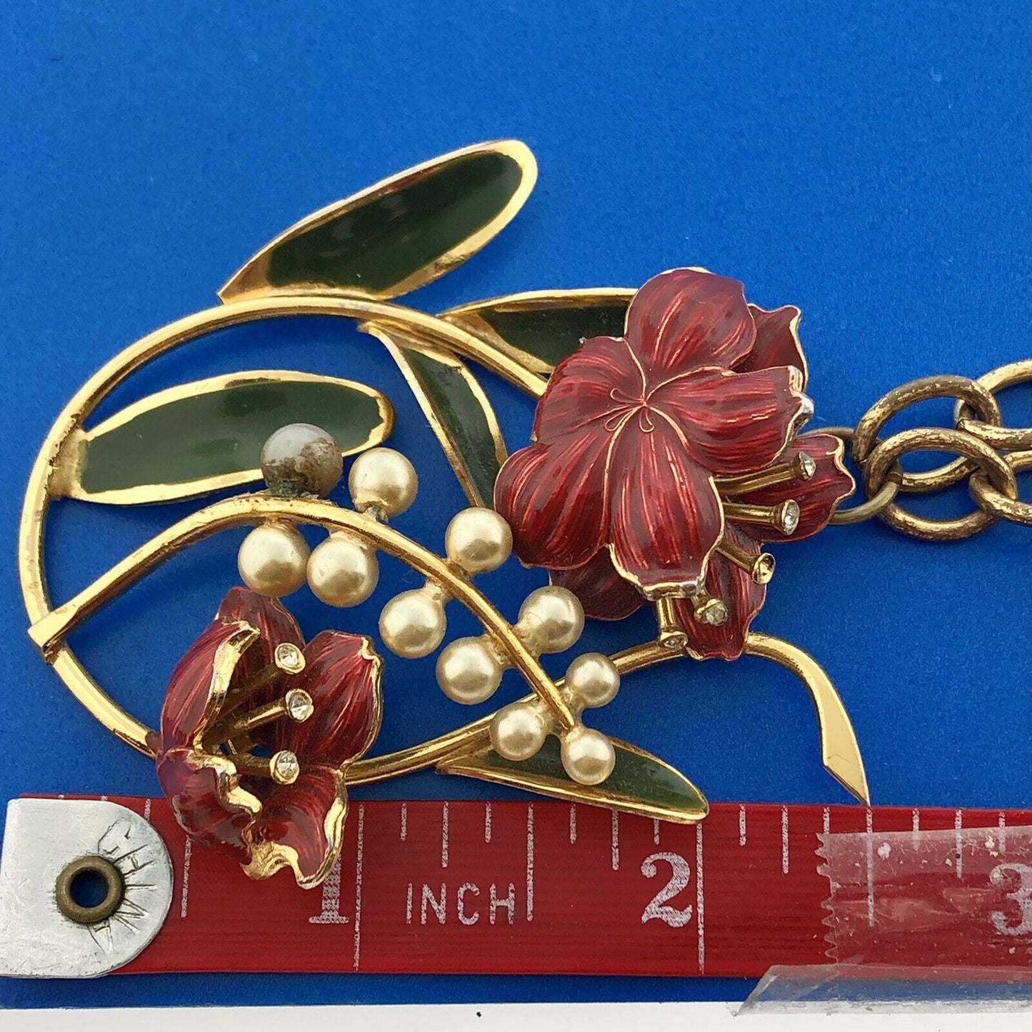 Mid Century Gold Tone Red Green Enamel Faux Pearl Rhinestone Floral Necklace