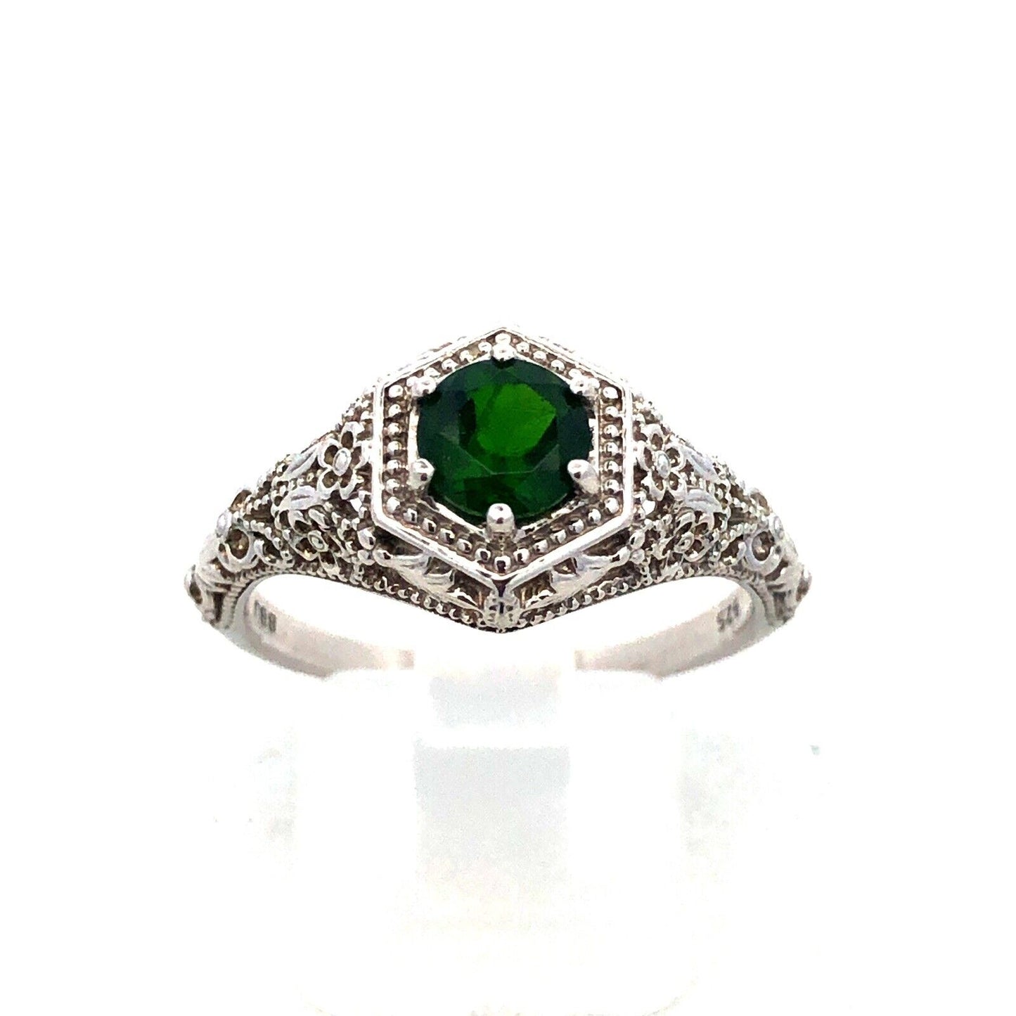 Designer BBJ 925 Sterling Silver Round Green Tourmaline Filigree Solitaire Ring