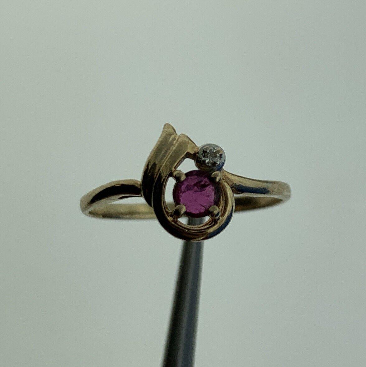 Vintage 10K Yellow Gold Ruby Solitaire Diamond Accented July Anniversary Ring