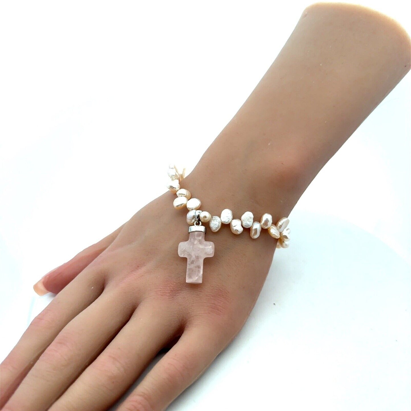 Estate 925 Sterling Silver Pink Rose Quartz Cross Charm Pearl Beaded Bracelet