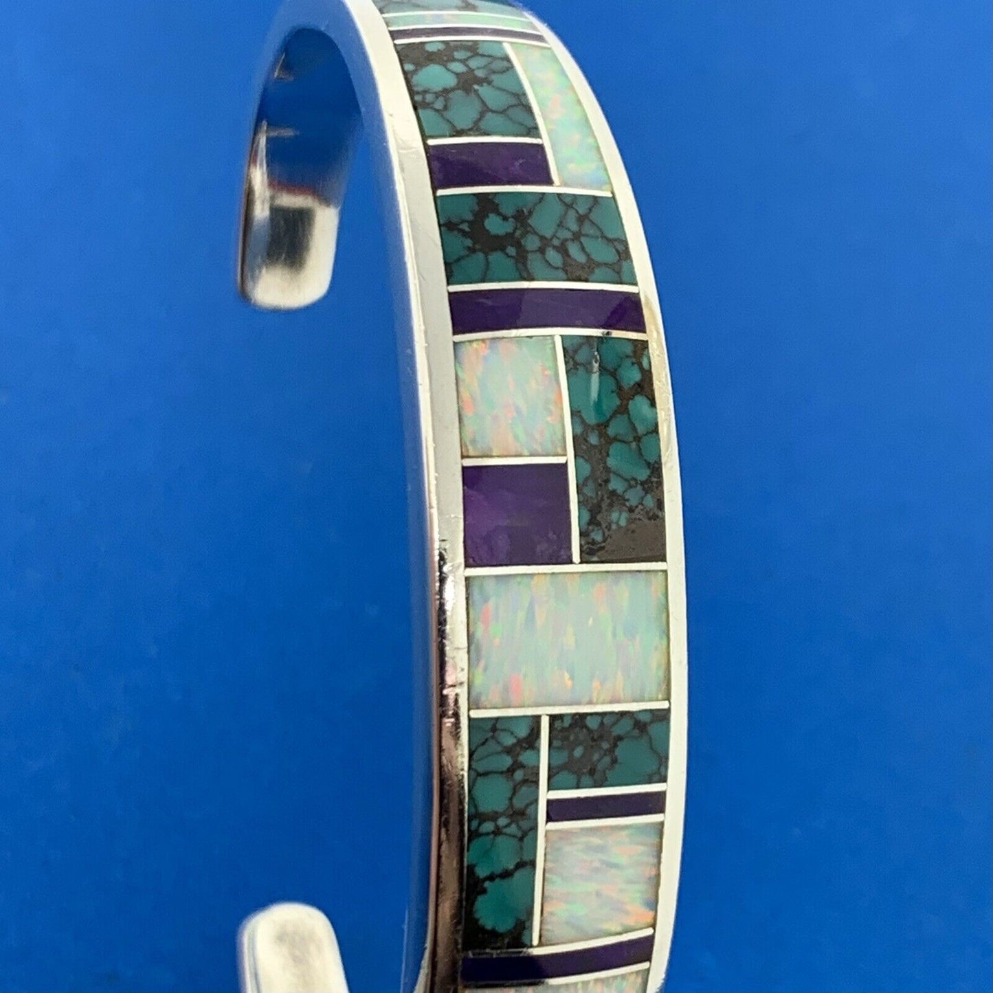 C Willie/D Rosales Sterling Silver Opal Spiderweb Turquoise Amethyst Inlay Cuff
