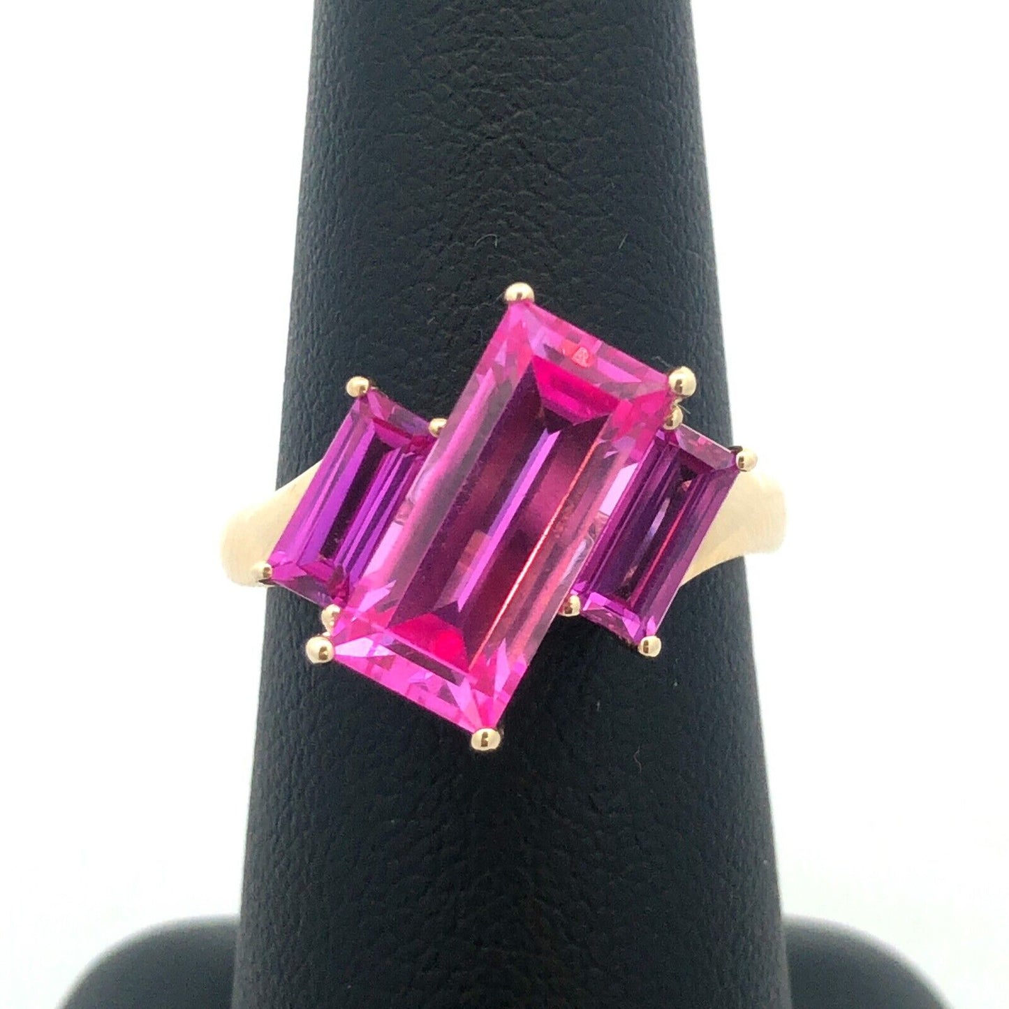 Designer 10K Yellow Gold Rectangle Pink Topaz Trio Modernist Statement Ring