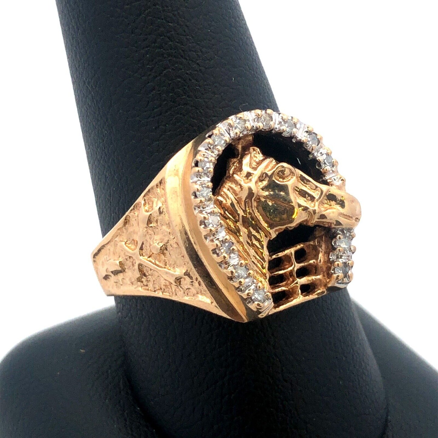 Vintage Designer 10K Yellow Gold Diamond Horse Head Horse Shoe Good Luck Ring