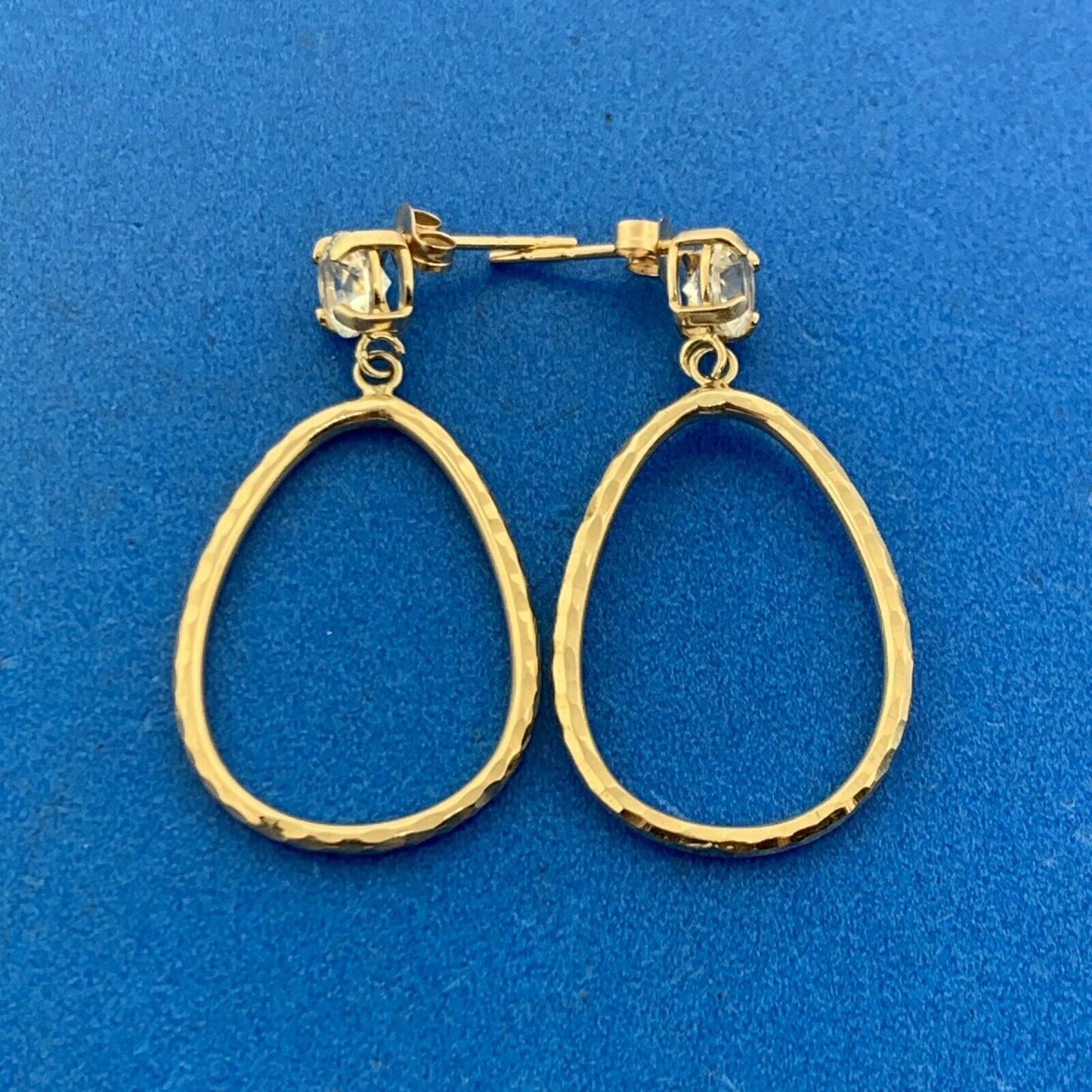 Designer 10K Yellow Gold White Sapphire Hammered Hoop Dangle Stud Earrings