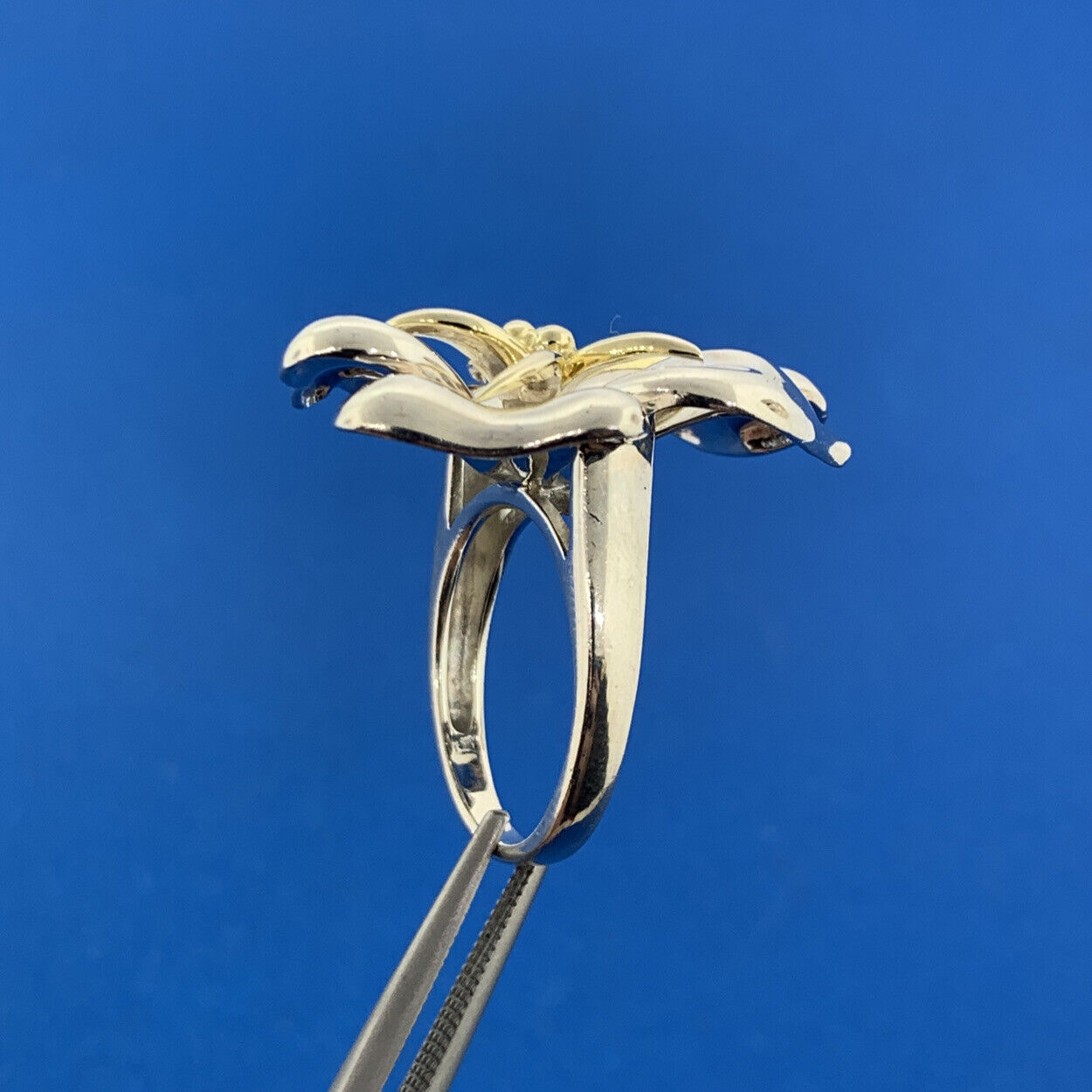 Designer China Sterling Silver 10K Gold Accent Flower Hibiscus Plumeria Ring