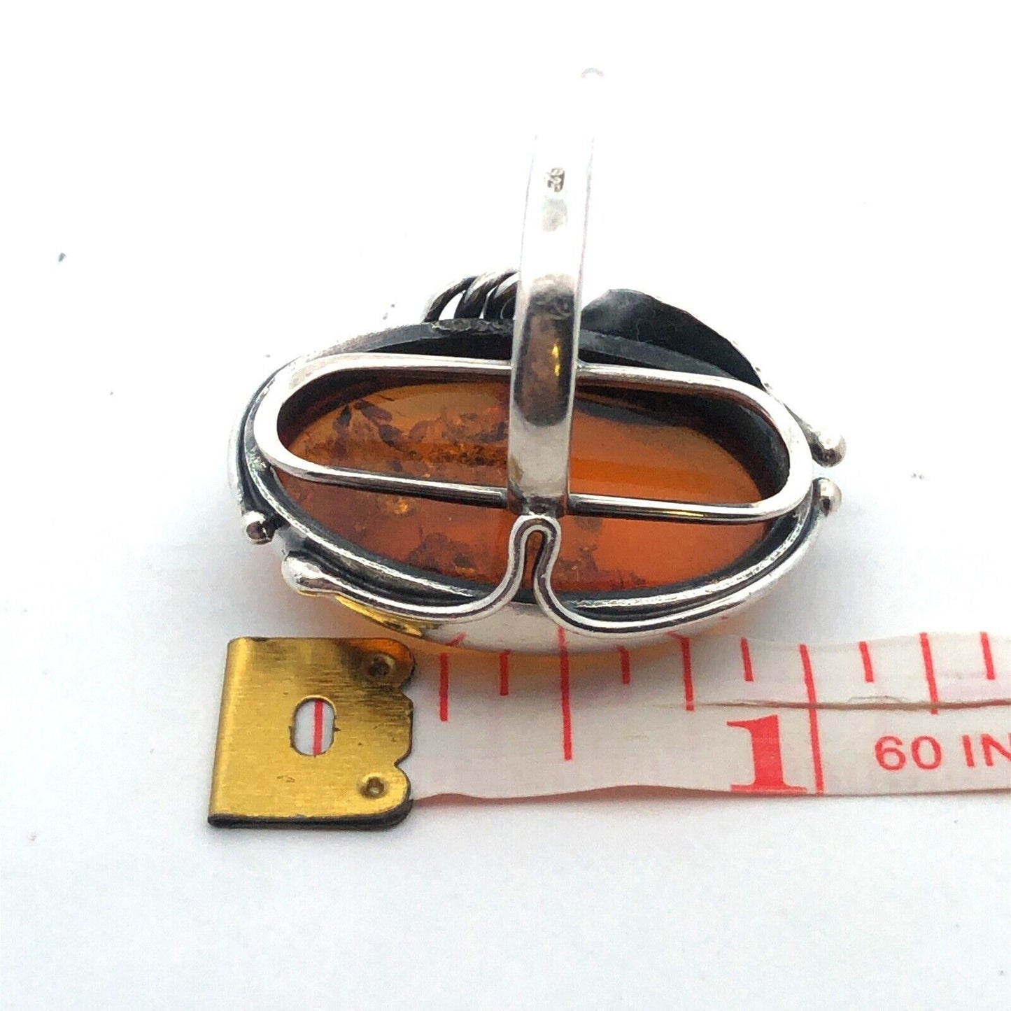 Vintage 925 Sterling Silver Oval Amber Vine Detail Statement Ring