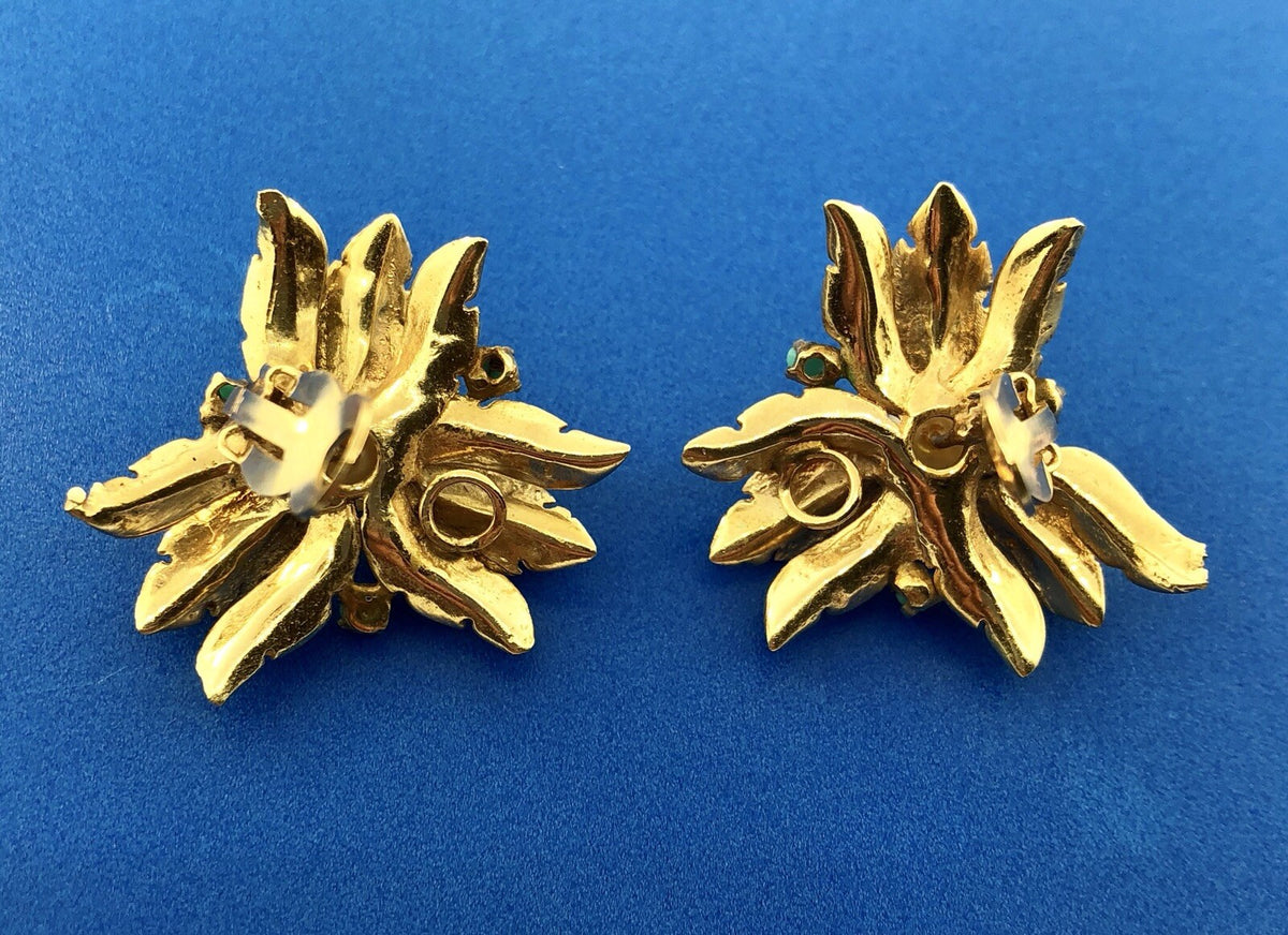 Vintage 14K Yellow Gold Pearl Turquoise Leaf Design Statement Clip Earrings