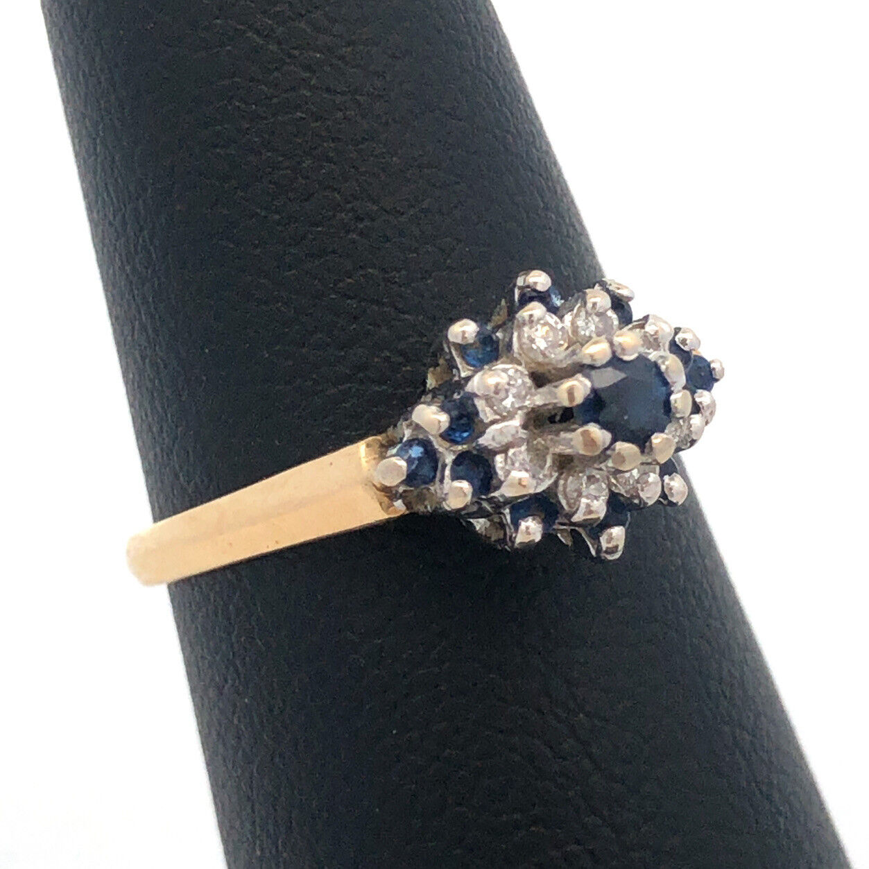 Vintage 14K Yellow White Gold Sapphire Diamond Star Flower Cluster Cocktail Ring