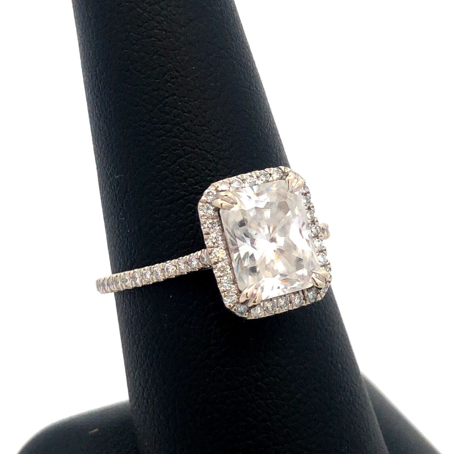 Designer 14K White Gold Emerald Cut Moissanite Halo Engagement Ring