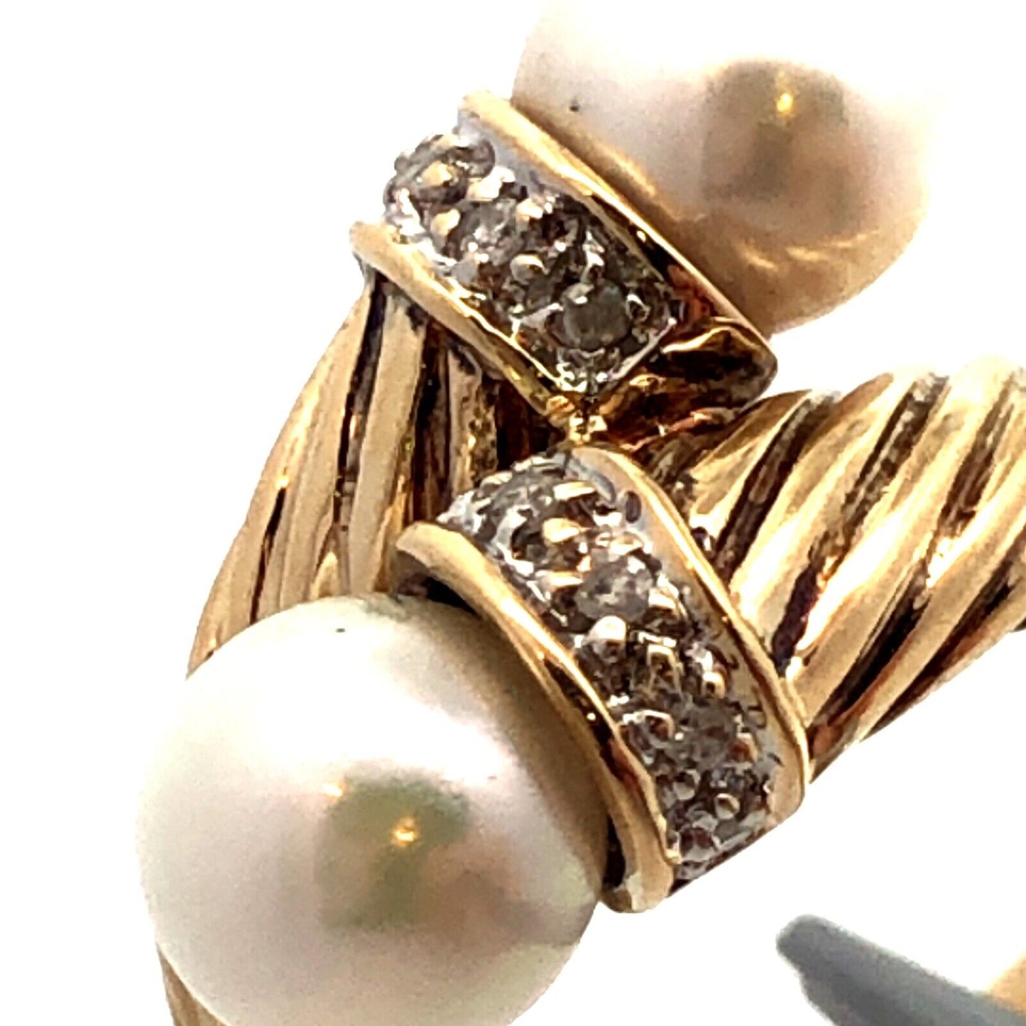 Designer H 14K Yellow Gold Round Pearl Diamond Twist Textured Bypass Ring