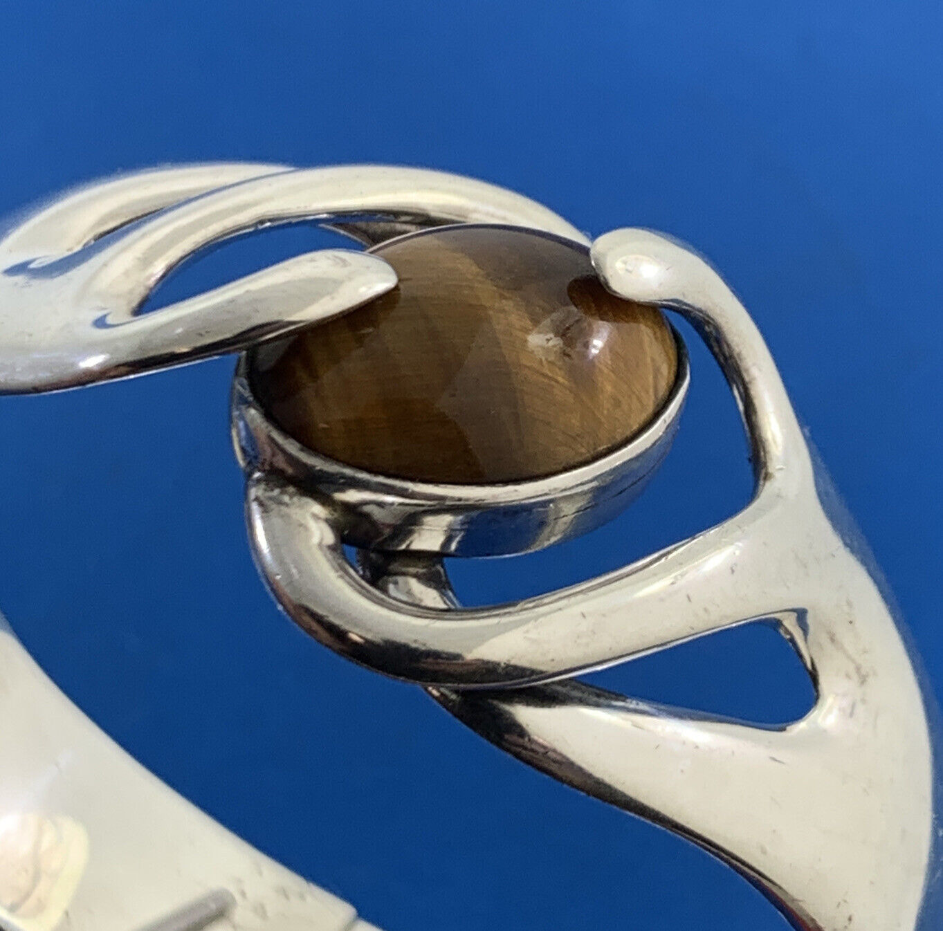 Sigfrido Pineda Taxco Modernist Sterling Silver Tigers Eye Hinged Cuff Bracelet