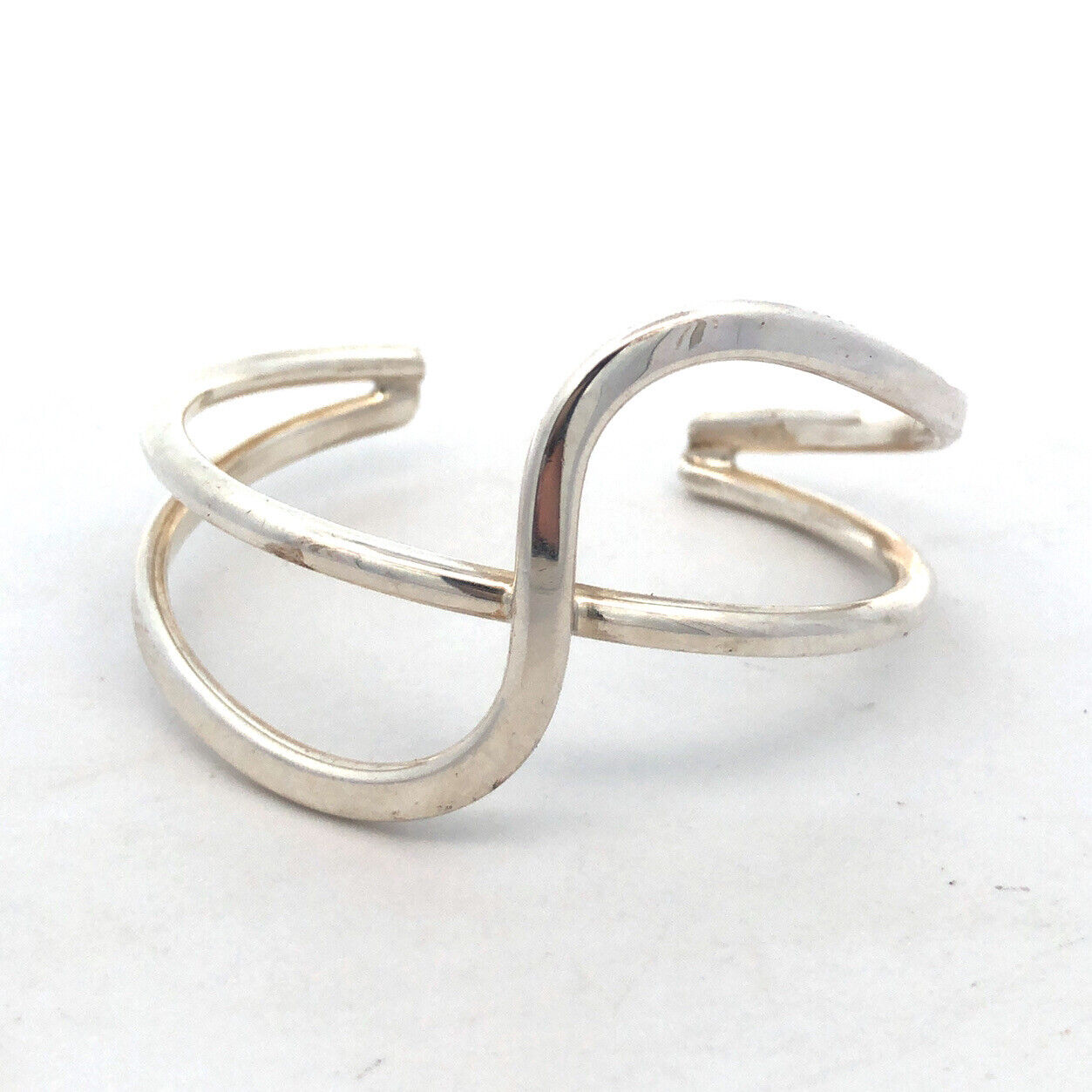 925 Sterling Silver Modernist Abstract Double Wave Open Cuff Bracelet