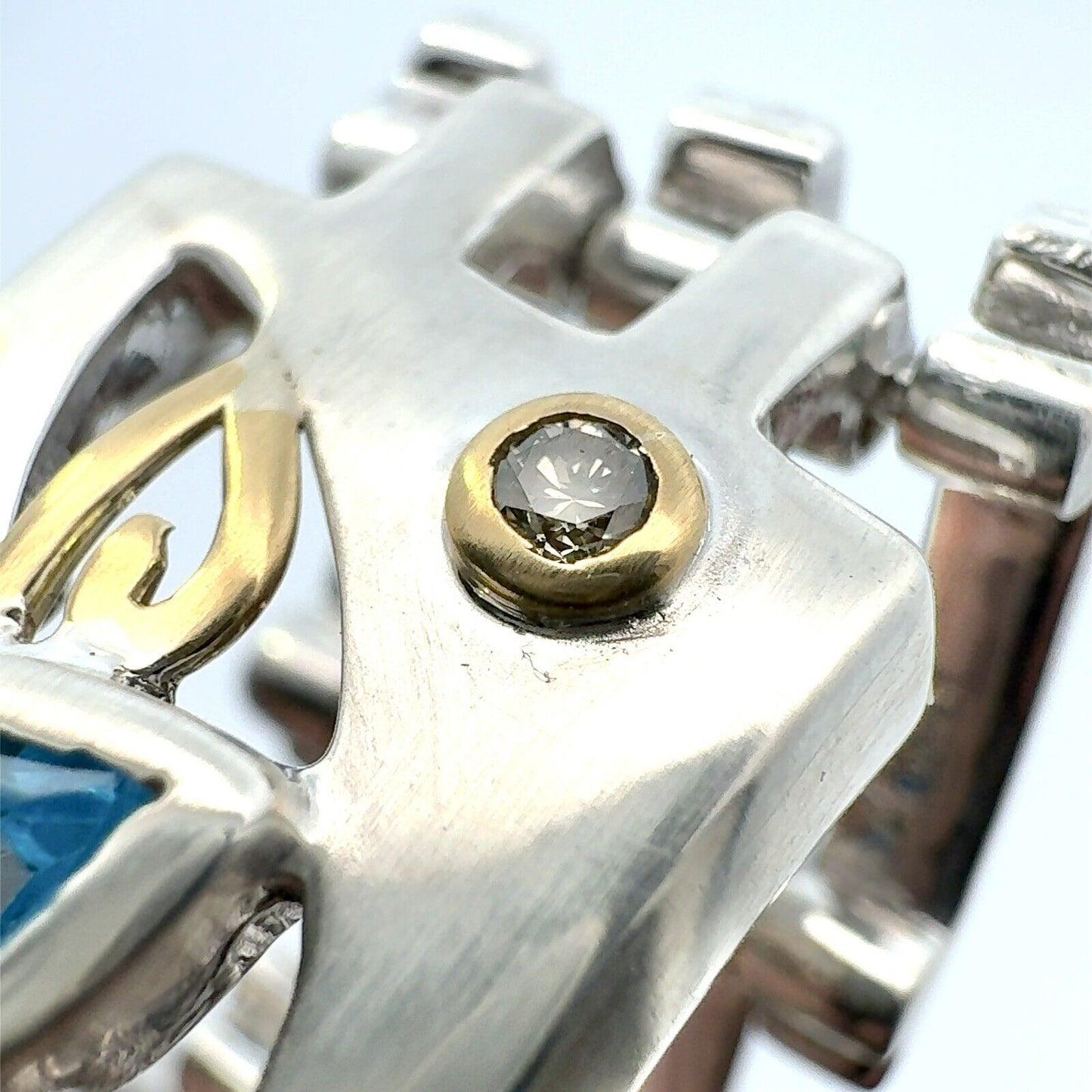 Unisex 18K Yellow Gold Sterling Silver Blue Topaz Diamond Modernist Bracelet