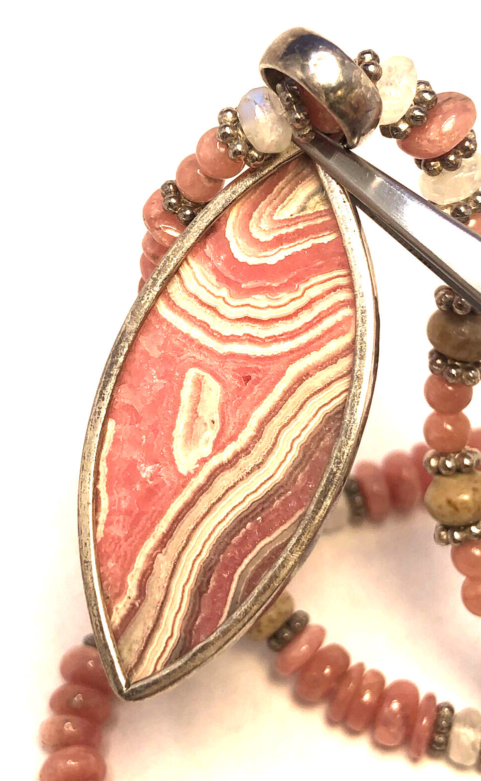 Estate 925 Sterling Silver Rhodochrosite Moonstone Stone Beaded Pendant Necklace