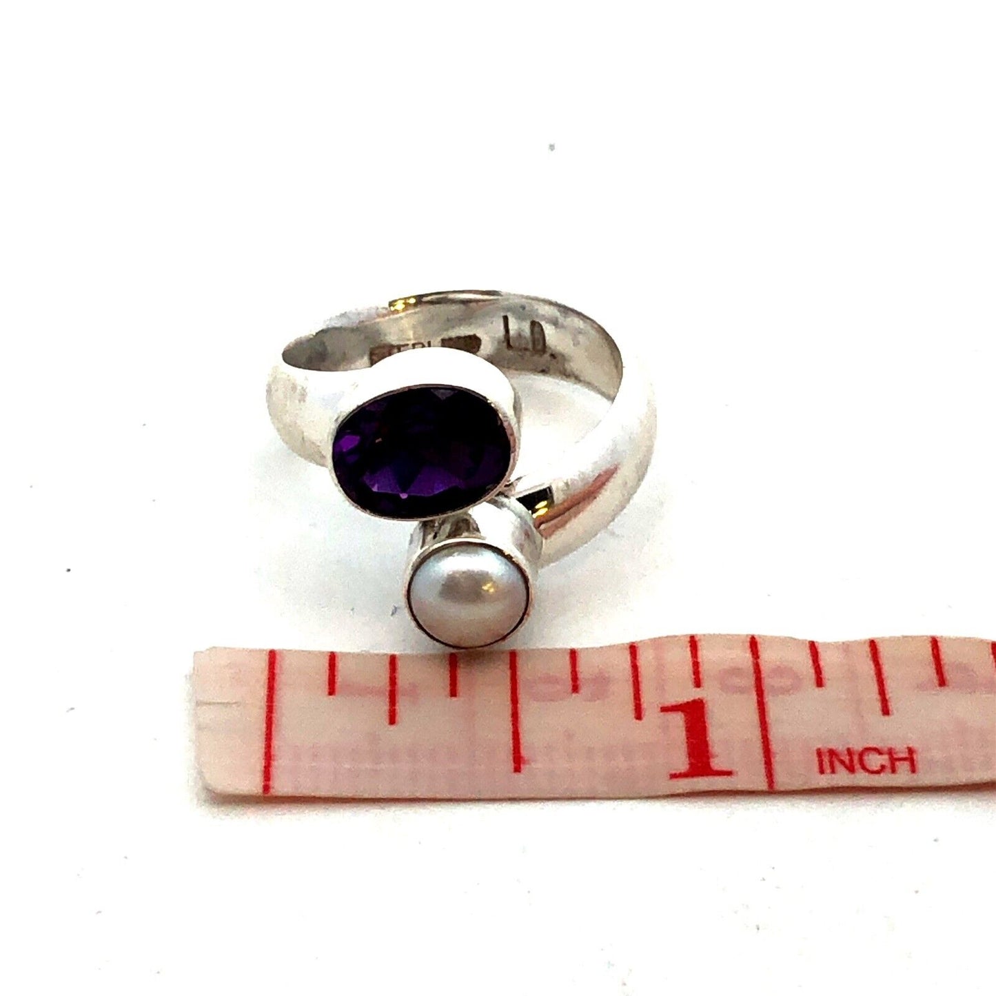 Designer LD 925 Sterling Silver Oval Purple Amethyst Pearl Bypass Ring
