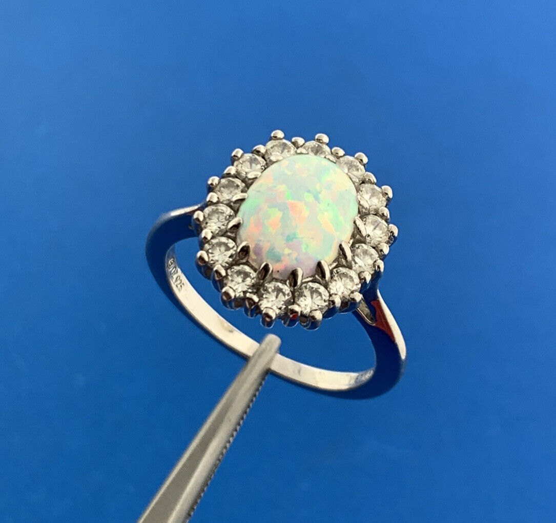 Designer 925 Sterling Silver Opal Cabochon Cubic Zirconia CZ Halo Cocktail Ring