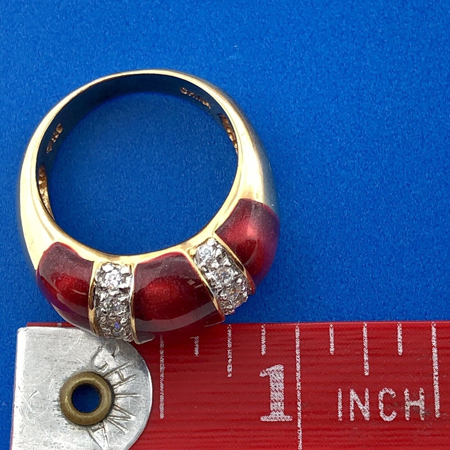 Stunning 925 Sterling Silver Red Enamel Cubic Zirconia Statement Dome Ring