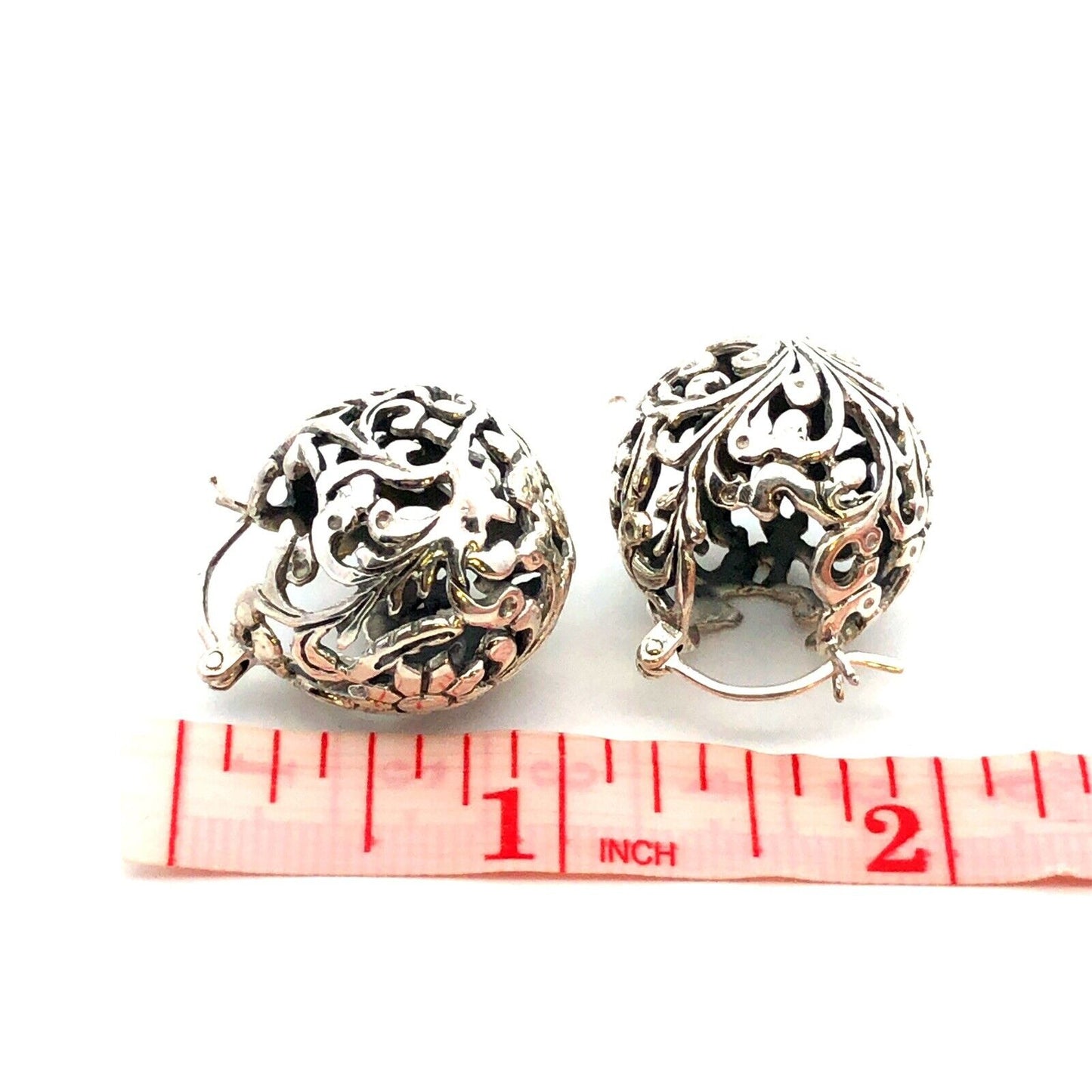 Vintage 925 Sterling Silver Floral Vine Open Work Dome Statement Dangle Earrings