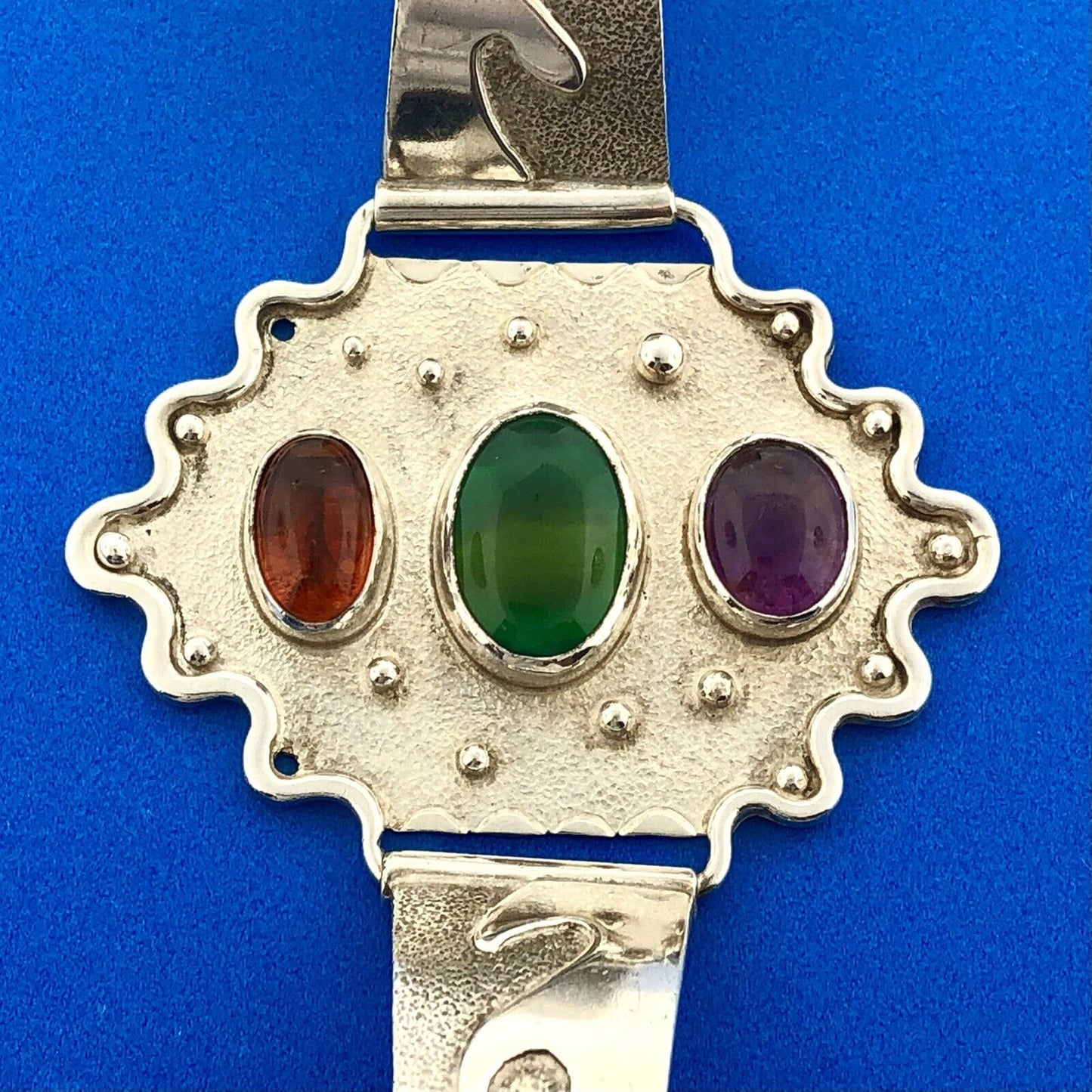 Native American Sterling Silver Amber Amethyst Green Tourmaline Cuff Bracelet