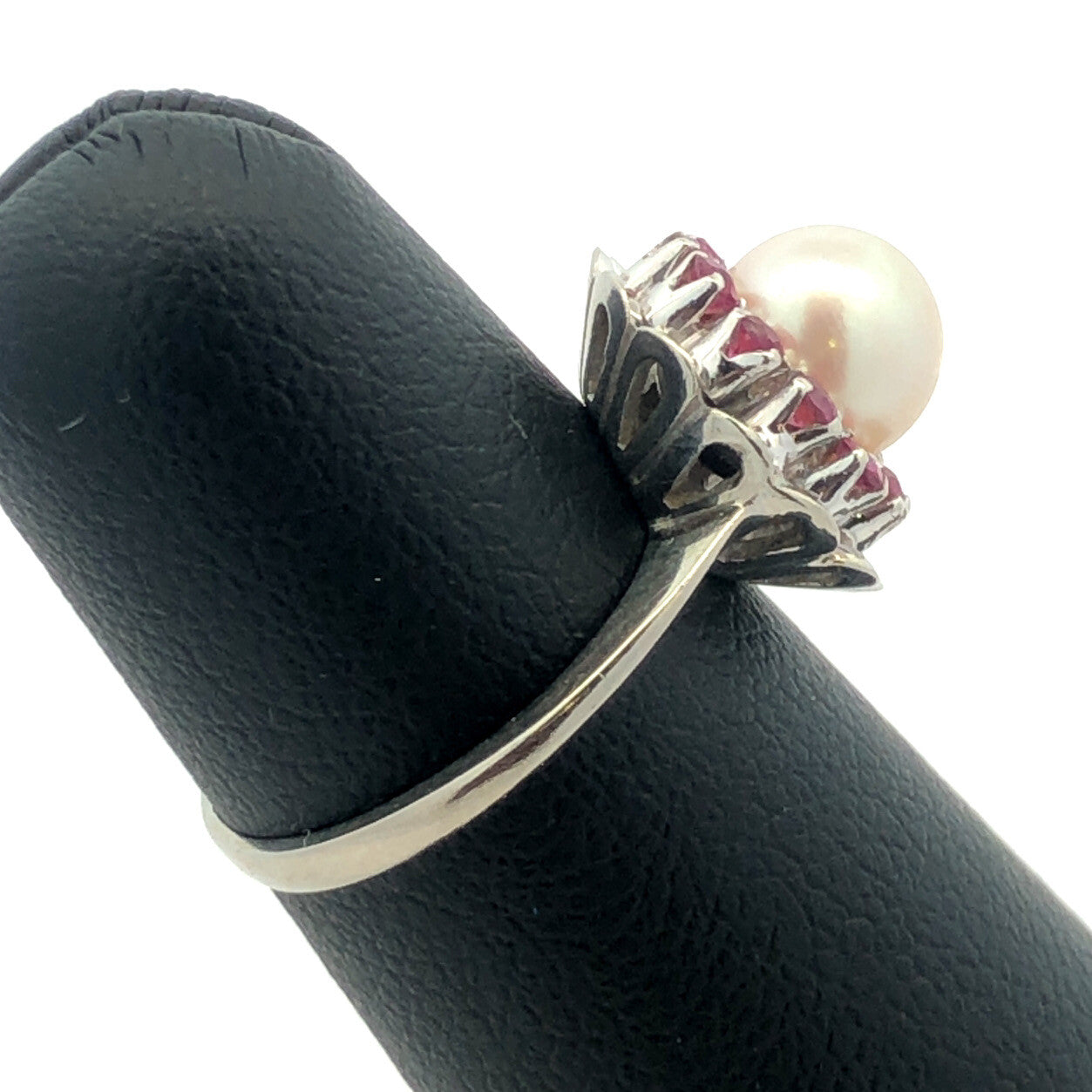 Gorgeous 14k White Gold Floral Round Cut Ruby Halo Pearl Ring SIze 4.25