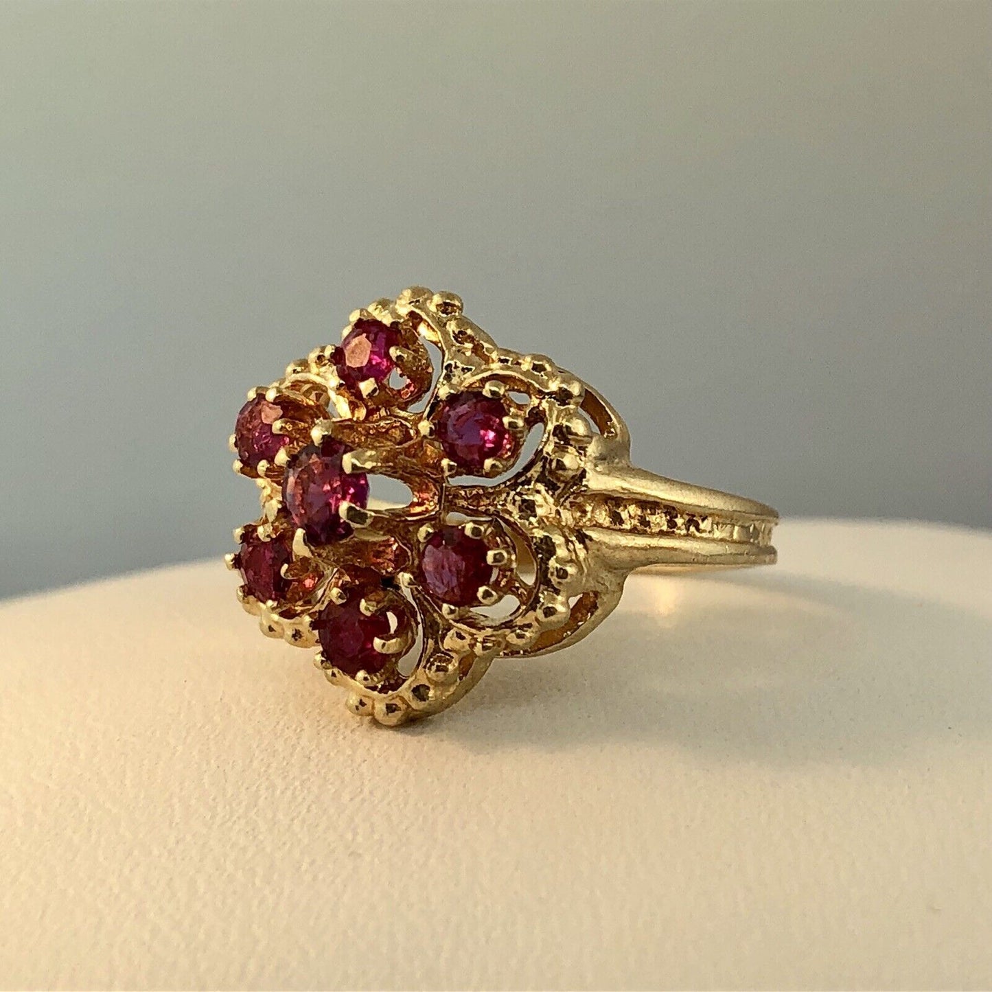 Perfect 14K Yellow Gold Ruby Flower Cluster July Anniversary Sweetheart Ring